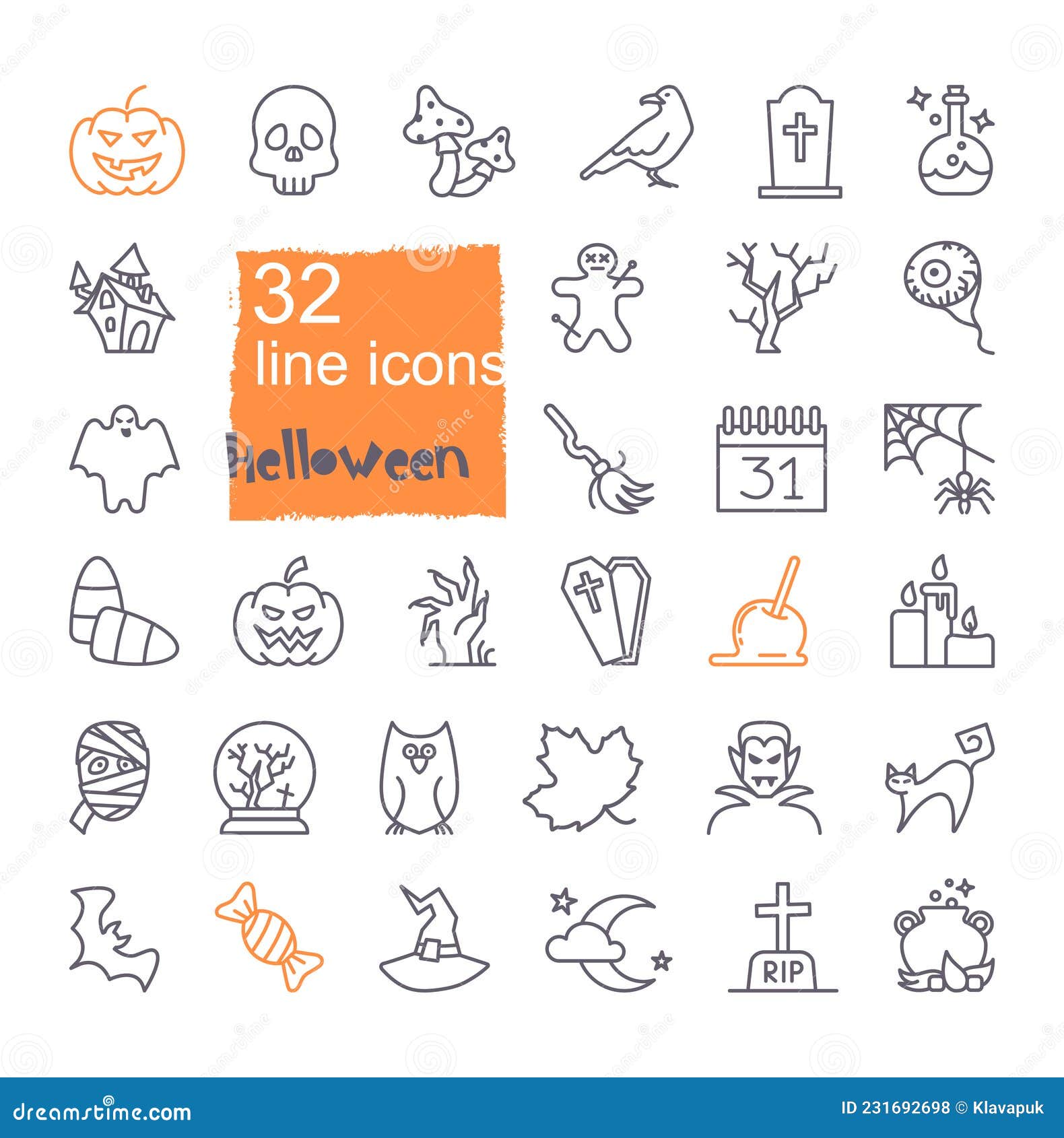 Linear Icons with Traditional Halloween Symbols. Vector Icons Stock