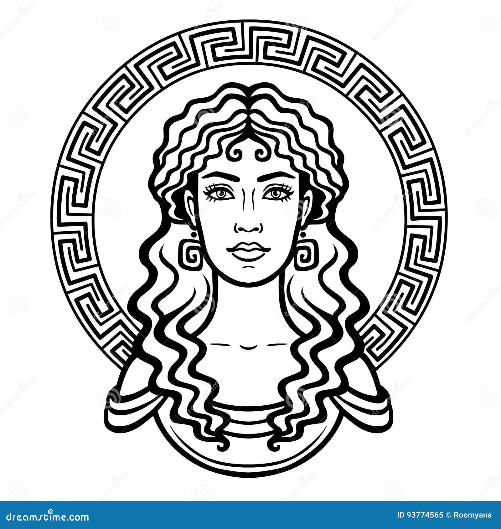 Linear Portrait of the Young Greek Woman with a Traditional Hairstyle.  Decorative Circle Stock Vector - Illustration of goddess, head: 93774565