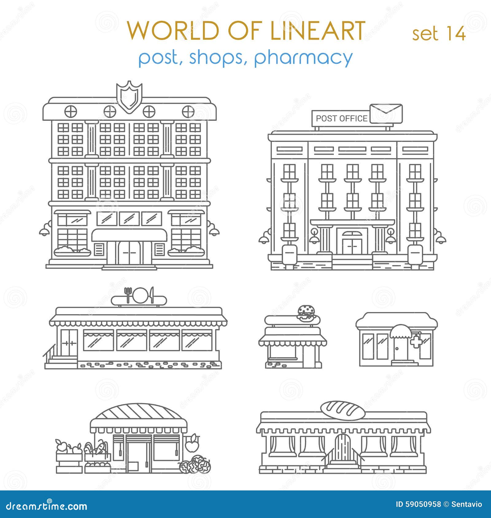 lineart graphical architecture public business: post shops cafe