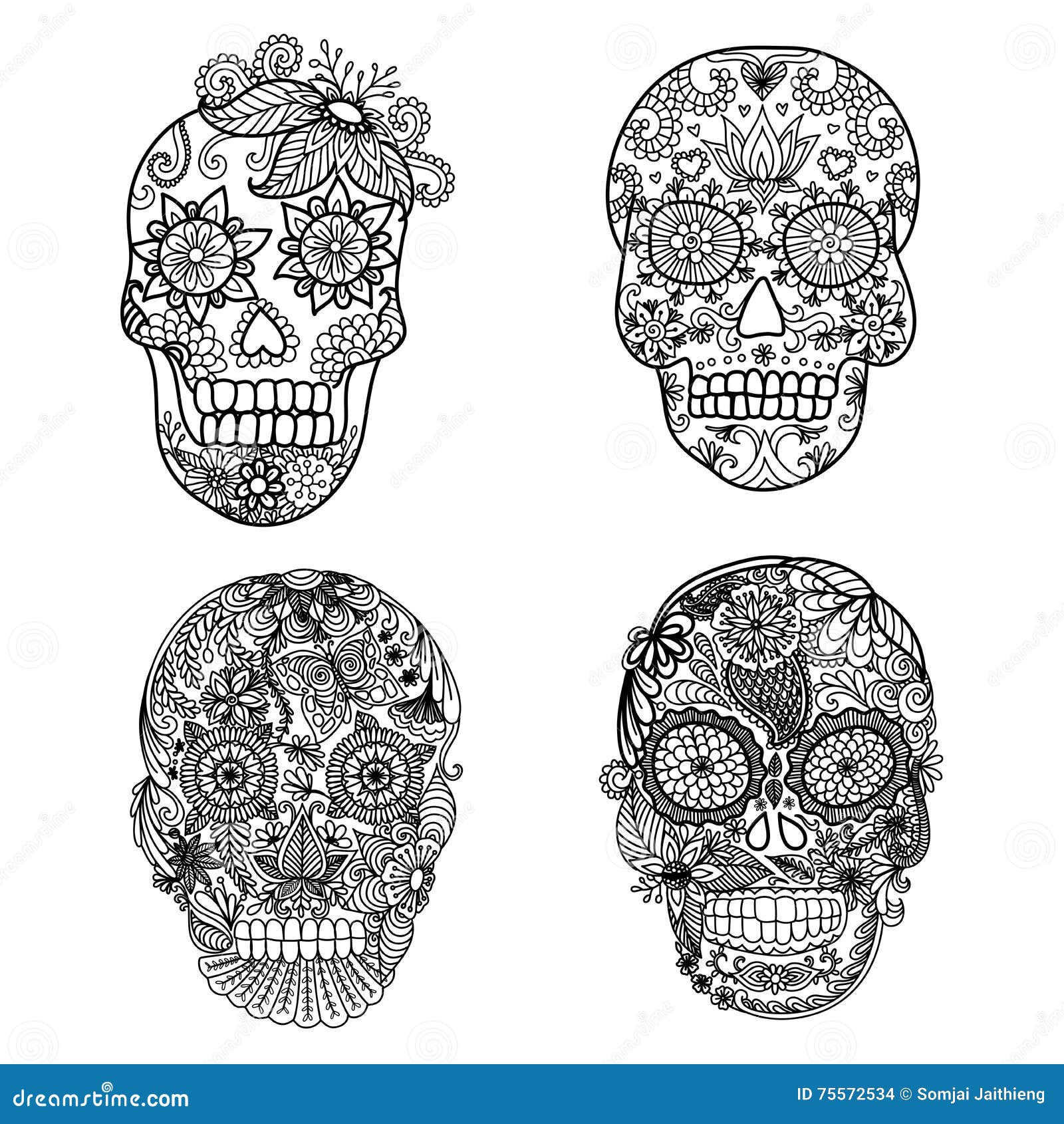 Lines Art Design Unique Floral Skulls Adult Coloring Pages Royalty