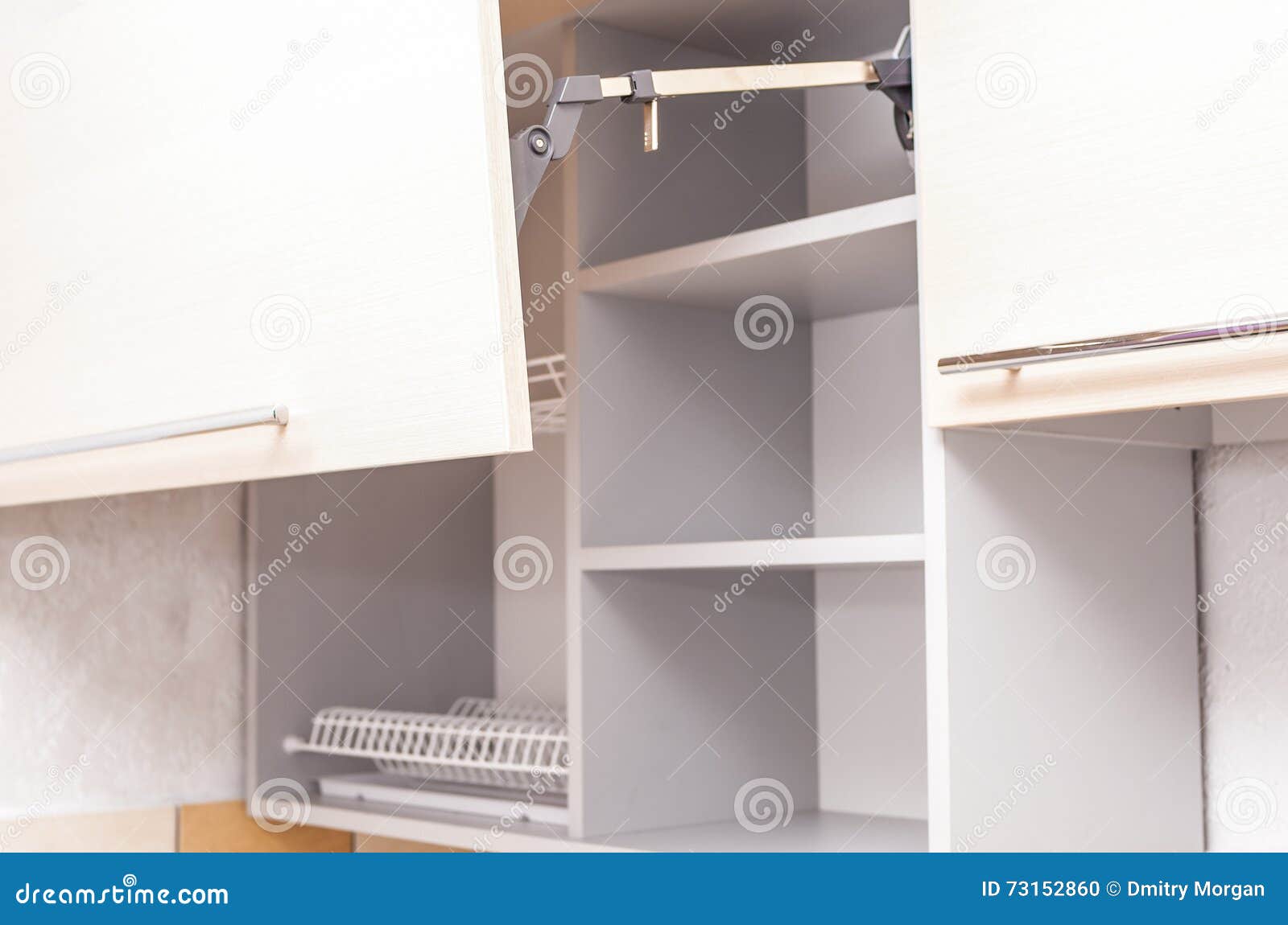 Lines of Empty Kitchen at Renovated Kitchen Stock Photo