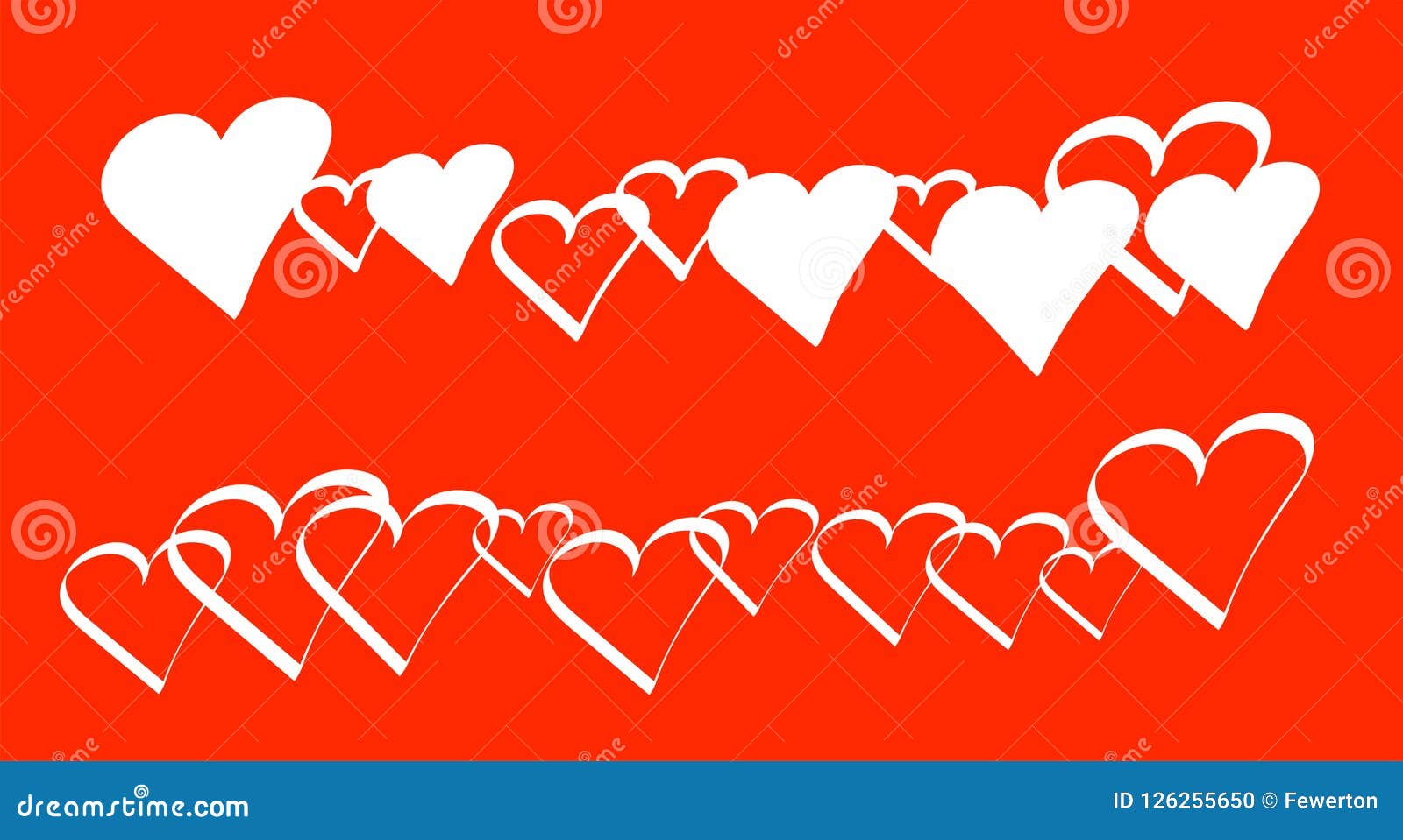 lines of repeating white hearts filled or only outline contours  in a red colour background in banner wide format
