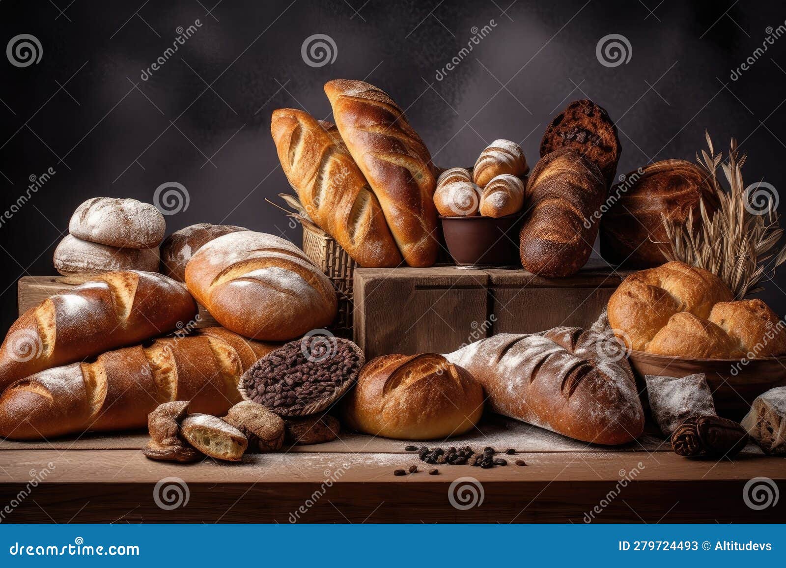 Lineup of Freshly Baked Breads, with Different Types and Shapes for