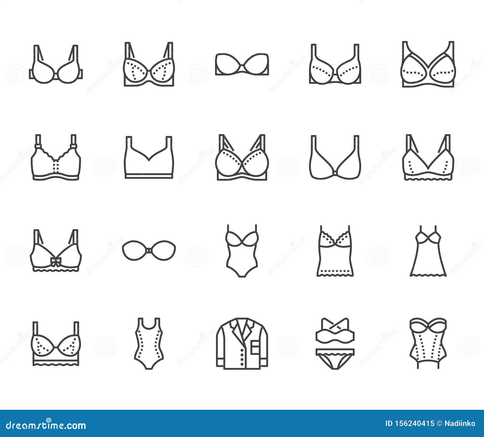 Lingerie Flat Line Icons Set. Bras Types, Woman Underwear