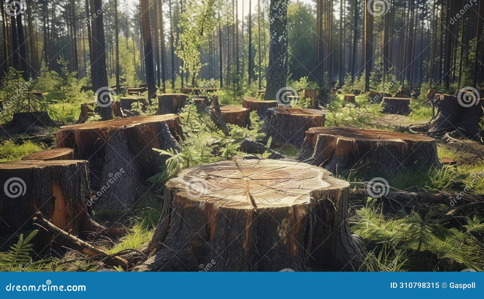the lingering tree stumps in a summer forest as silent testaments to environmental decline