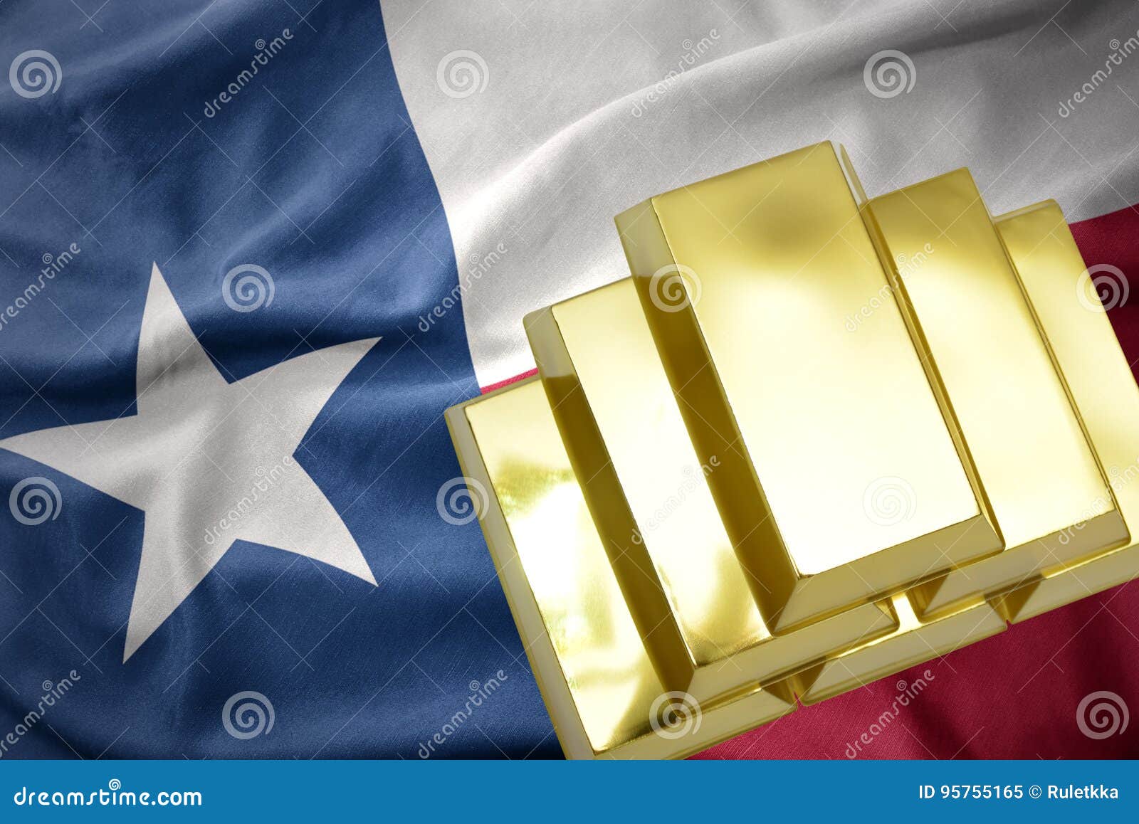 Lingotti dorati brillanti sulla bandiera dello stato del Texas. Riserve auree i lingotti dorati brillanti sullo stato del Texas inbandierano il fondo