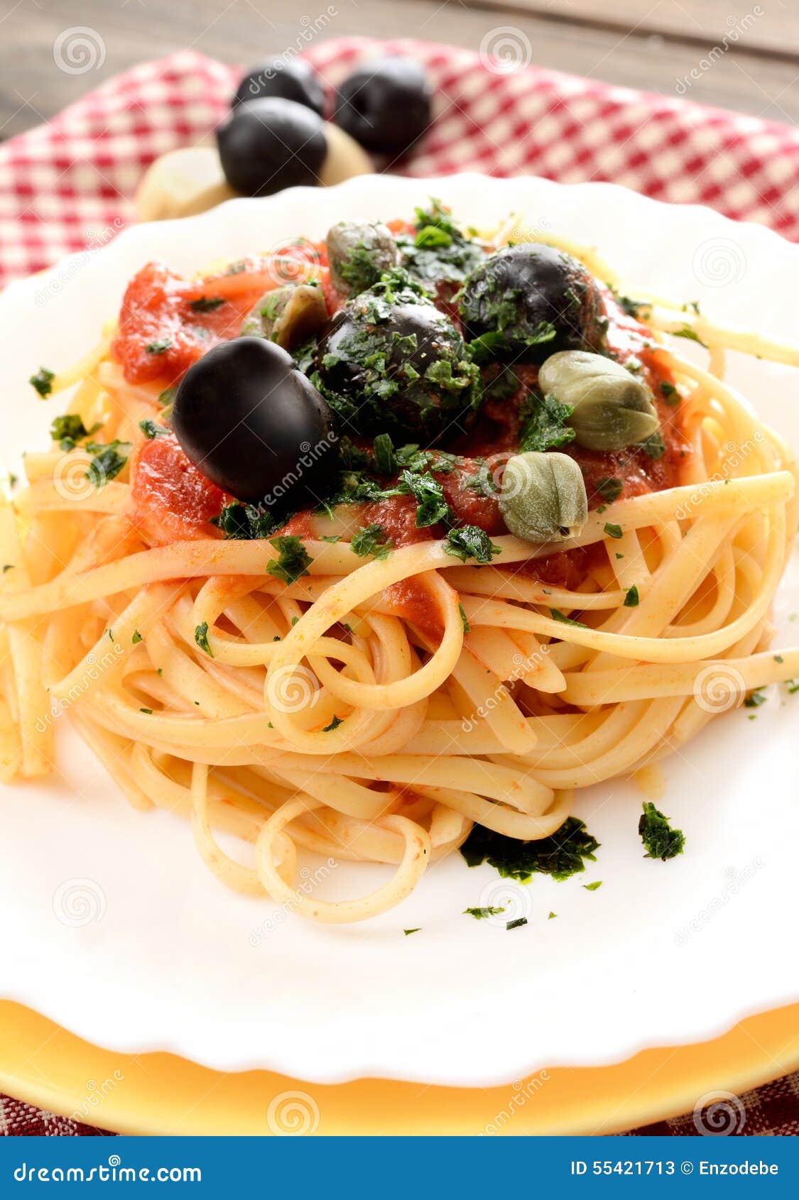 Linguine Pasta Olive and Capers Stock Image Image of black, pasta