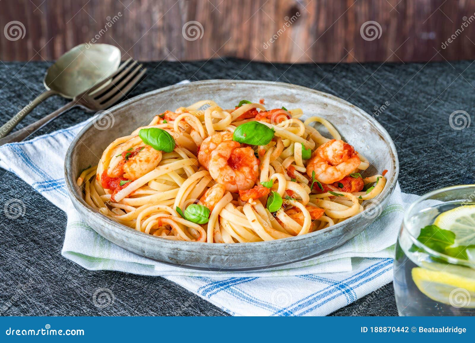 Linguine pasta with prawns stock photo. Image of prawn 188870442