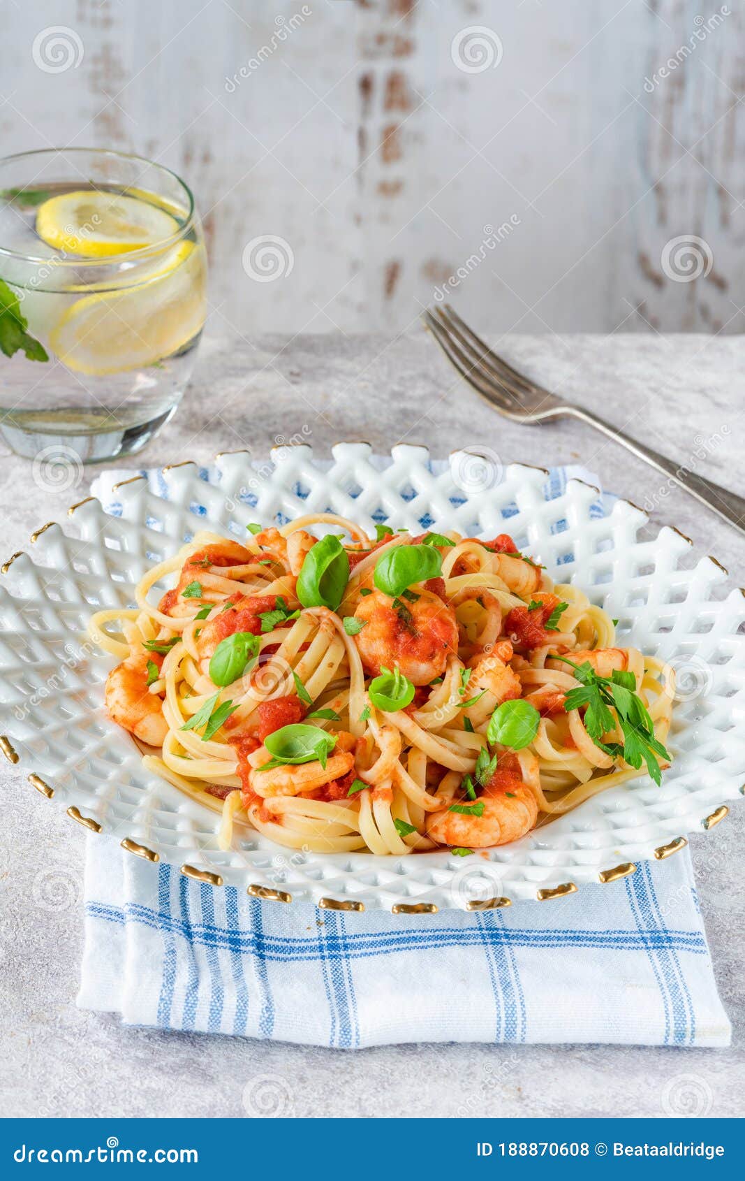 Linguine pasta with prawns stock photo. Image of eating 188870608