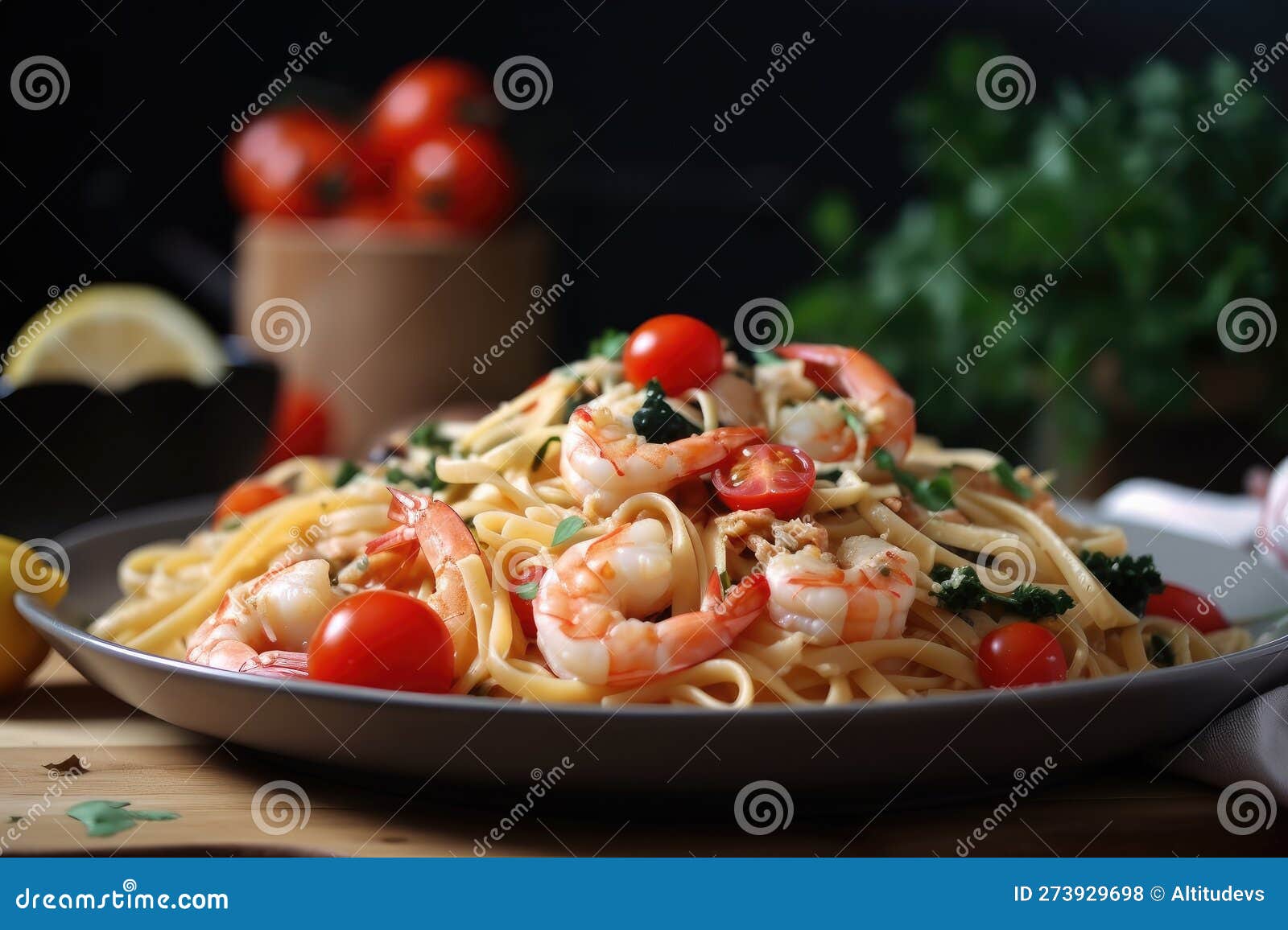 Linguine with Shrimps and Cherry Tomatoes in Garlic Sauce Stock Photo ...