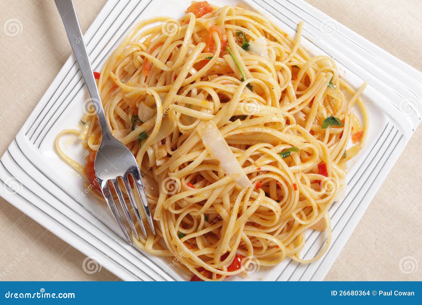 Linguine with Tomato and Garlic from Above Stock Photo Image of
