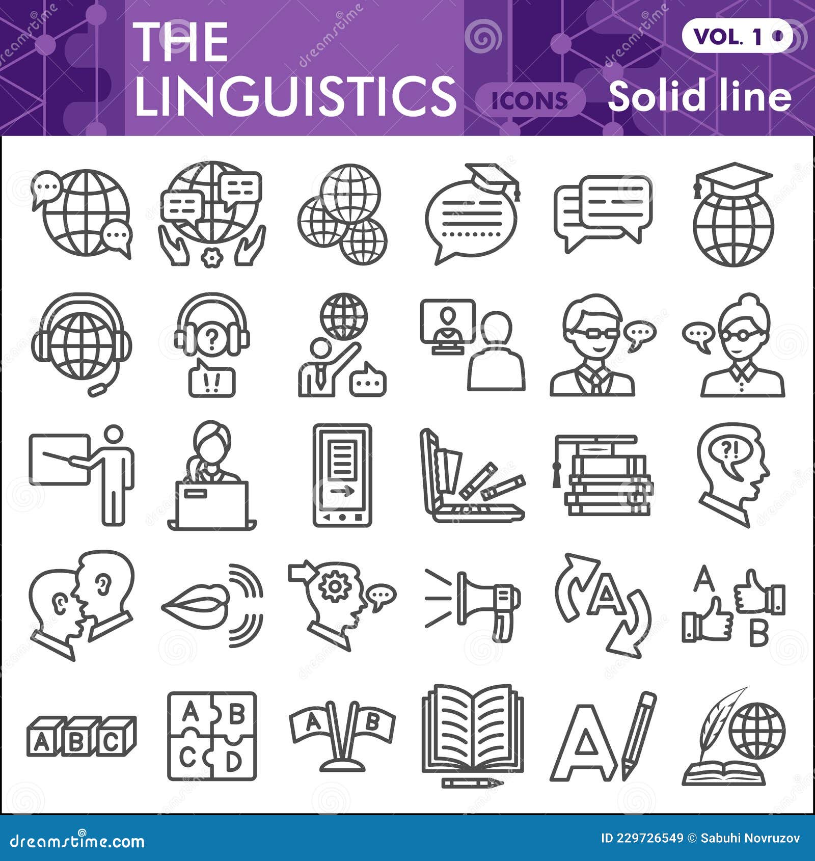 linguistics line icon set, education s collection or sketches. foreign language solid line linear style signs for