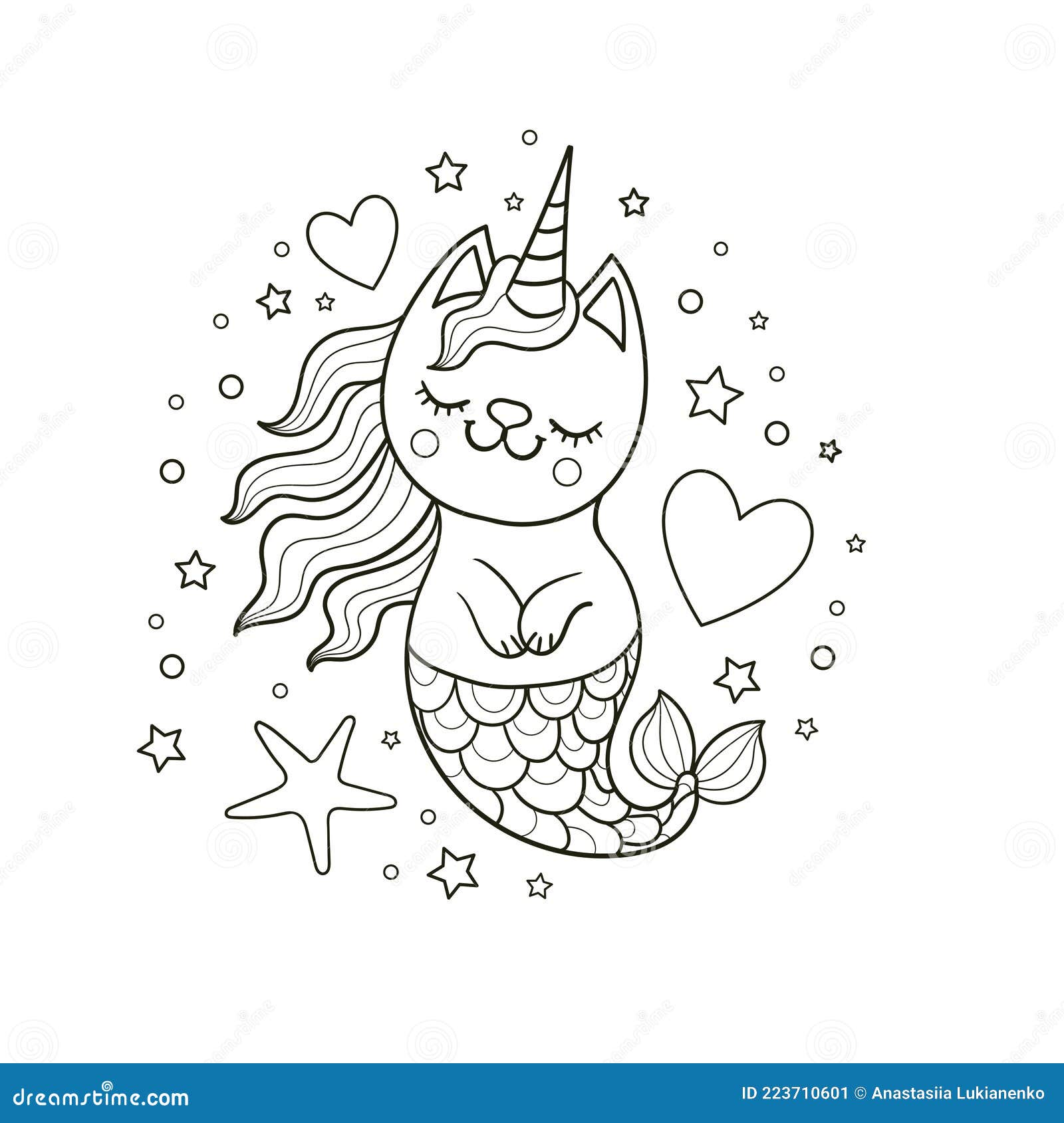 Conjunto de desenho de desenho animado de sereia de gato para crianças para  colorir e imprimir