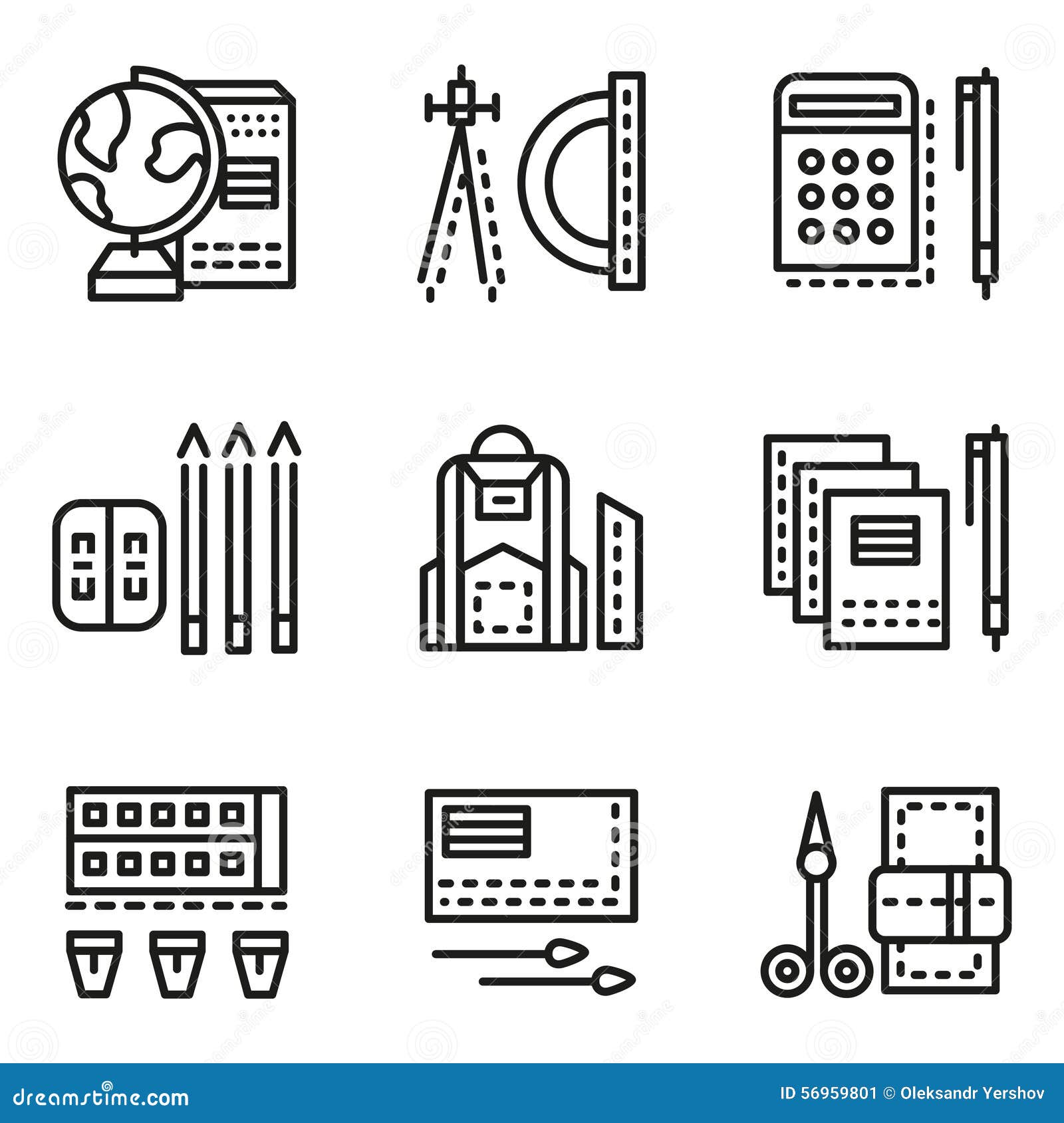 Linha lisa ícones dos acessórios da escola. Grupo de linha preta ícones para acessórios da escola Globo da geografia, lápis, paleta das pinturas e outros artigos para o negócio e o Web site