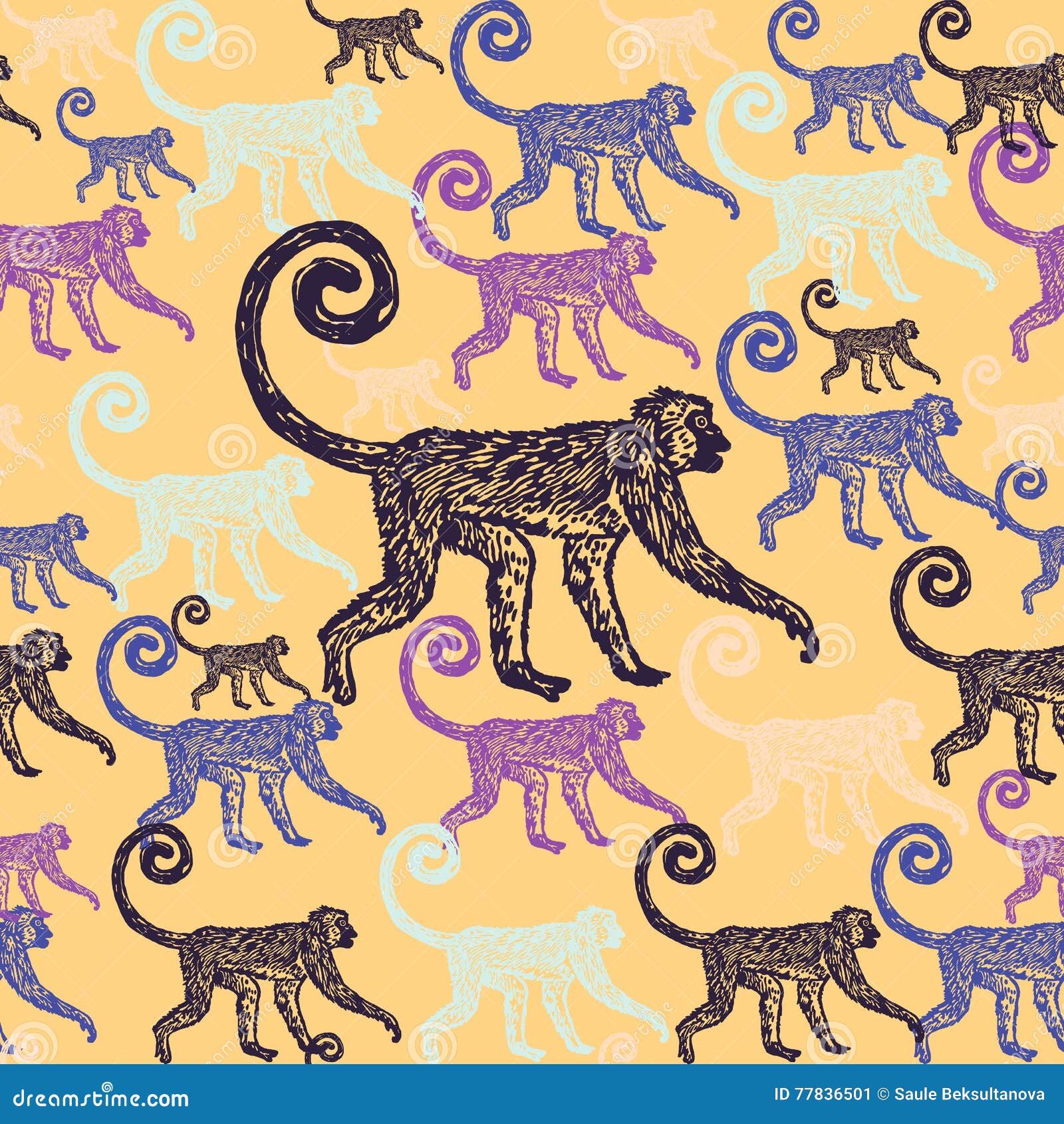 Linocut Tropical Jungle Monkey Background Stock Illustration