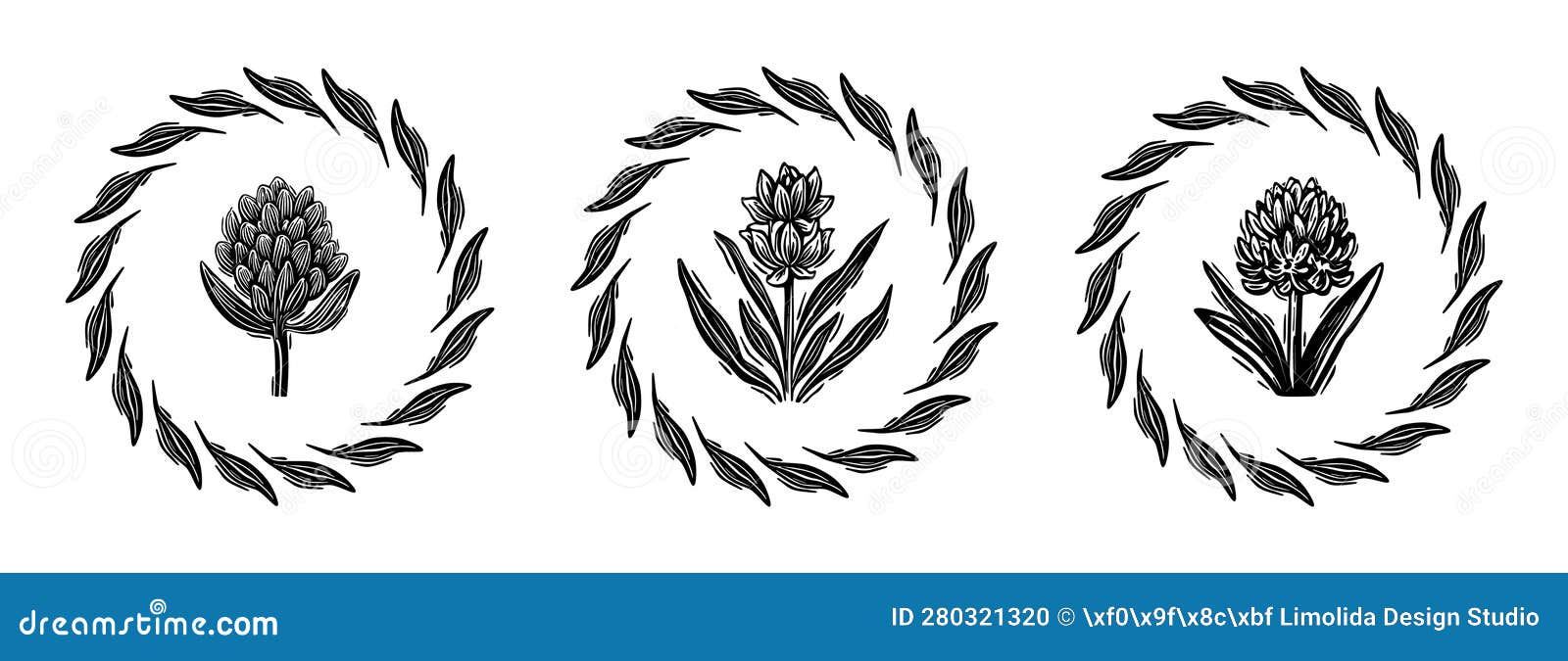 linotype floral icon collection in whimsical  art. decorative foliate  for rustic botany set.