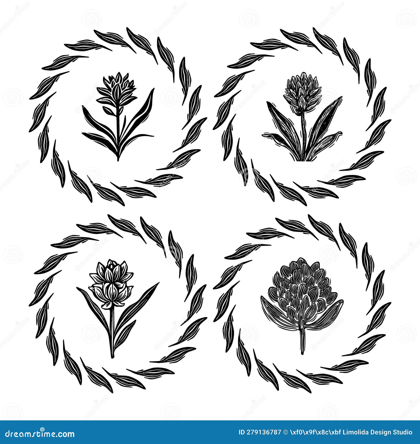 linotype floral icon collection in whimsical  art. decorative foliate  for rustic botany set.