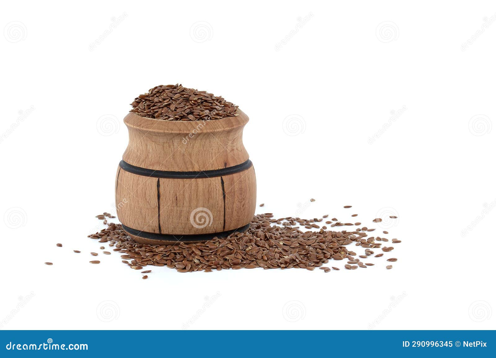 Linseed in Wooden Barrel Isolated on White Background Stock Image Image of pile, grain 290996345
