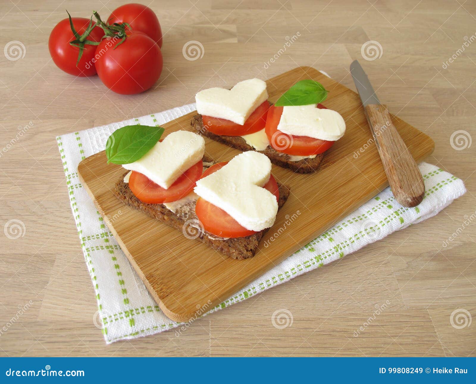 Bread with Tomatoes, Mozzarella Heart and Basil Stock Image Image of
