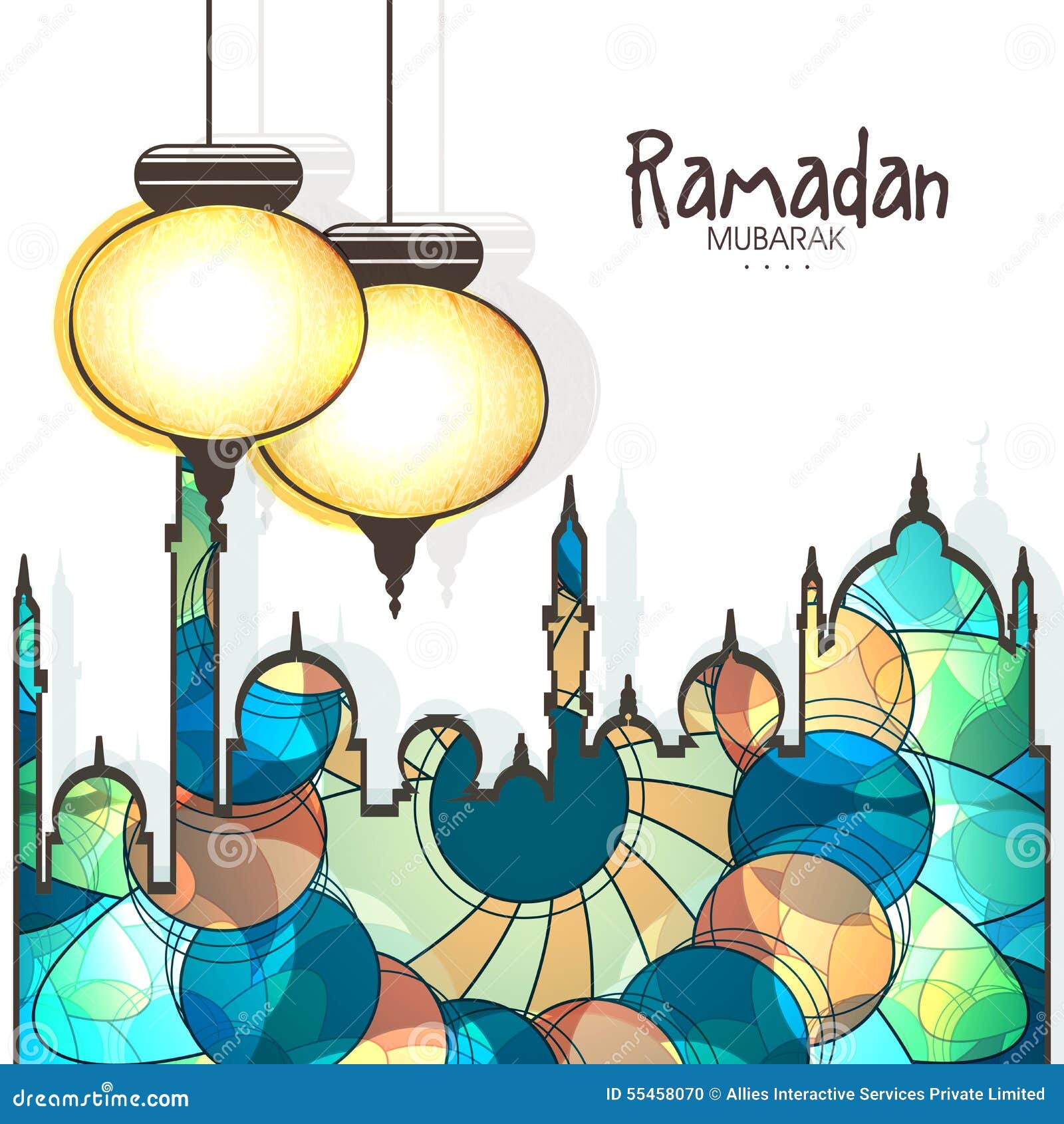 Linterna y mezquita árabes para la celebración de Ramadan Kareem. Linternas árabes iluminadas de la ejecución con la mezquita brillante creativa para el mes santo islámico de rezos, celebración de Ramadan Kareem