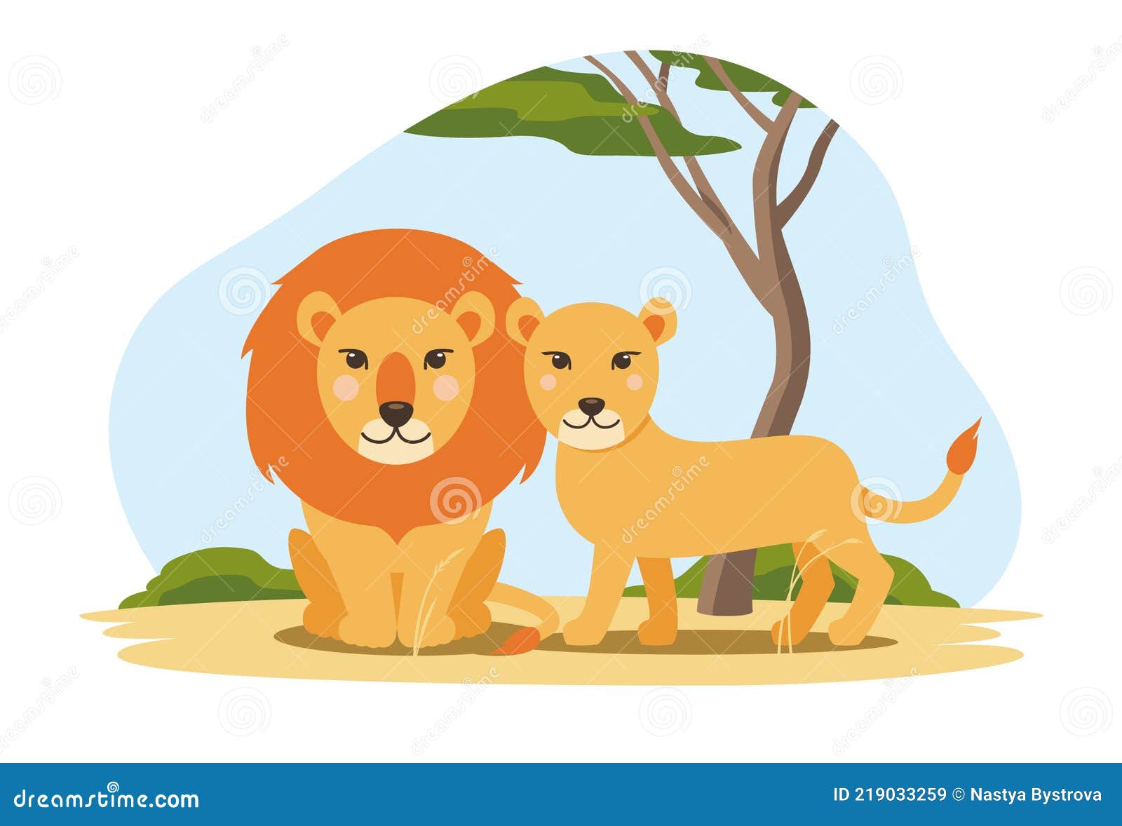 Vector Lion and Lioness in Flat Cartoon Style with a Tree. Stock Vector -  Illustration of lioness, savannah: 219033259