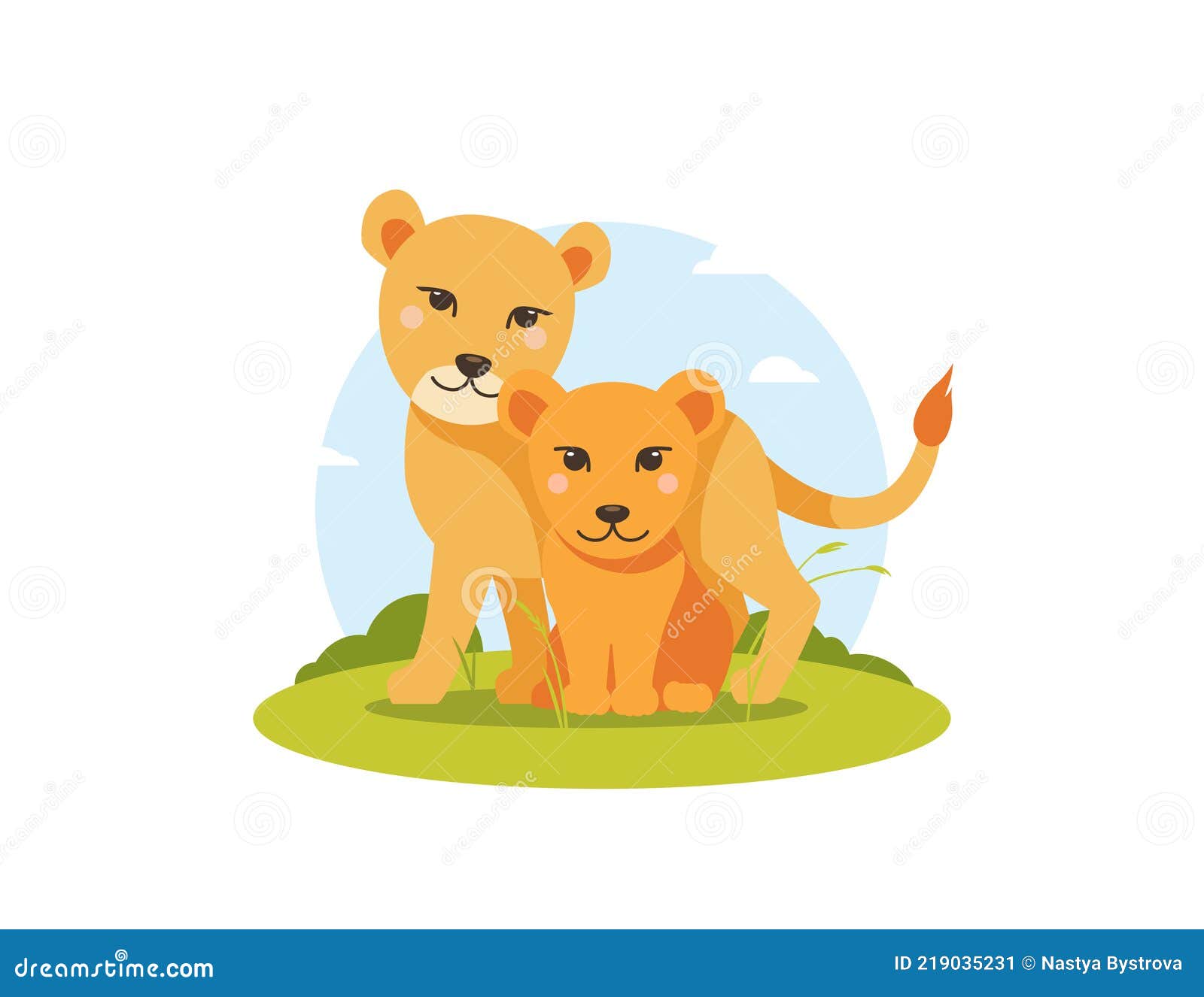 Vector Lioness with Lion Cub in Flat Cartoon Style Stock Vector