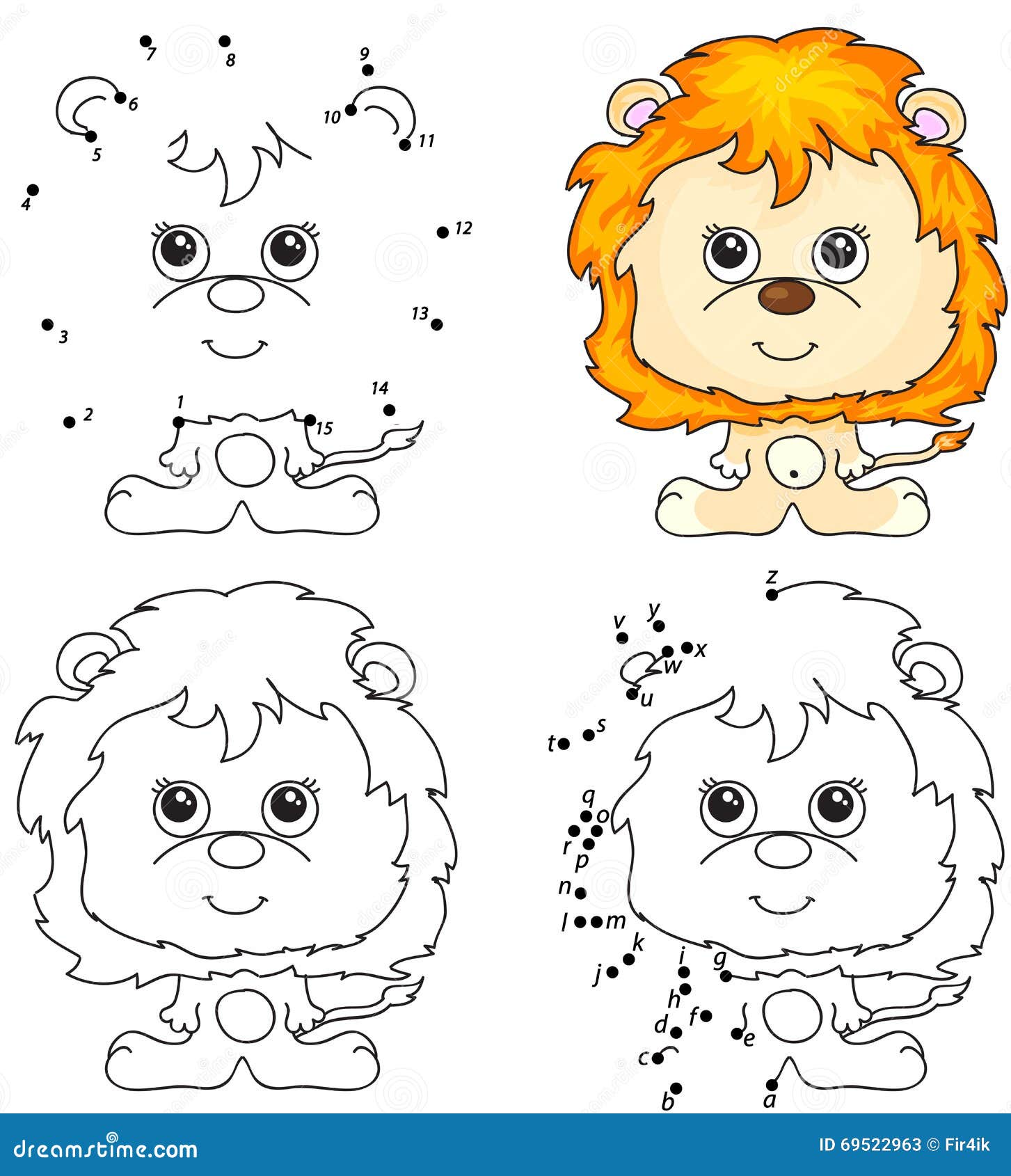 Lion de dessin animé Livre de coloriage et point pour pointiller le jeu pour des enfants