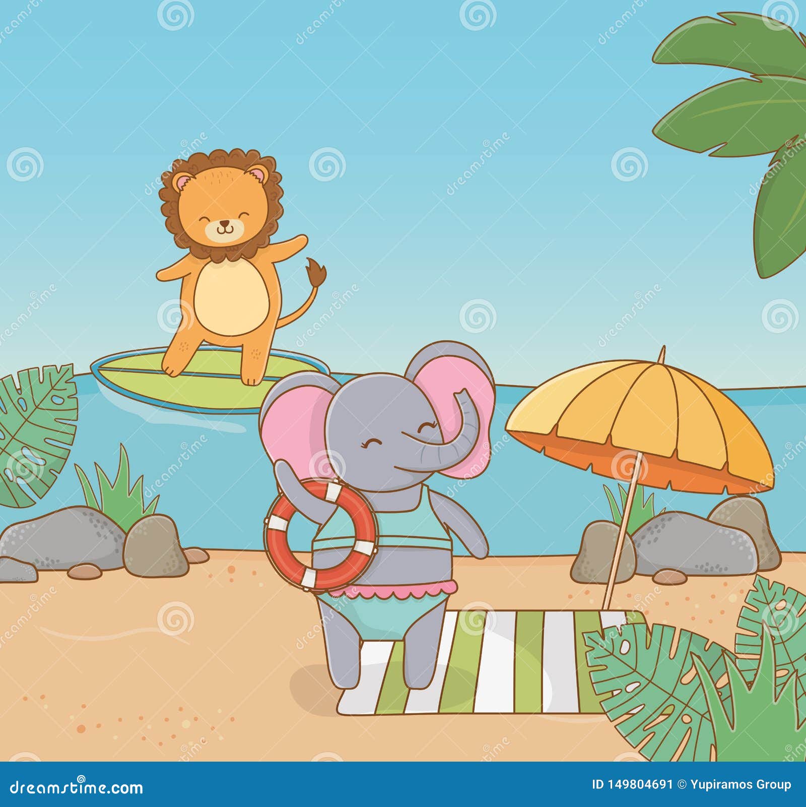 Lion and Elephant in the Beach Design Vector Illustration Stock Vector -  Illustration of vector, nature: 149804691