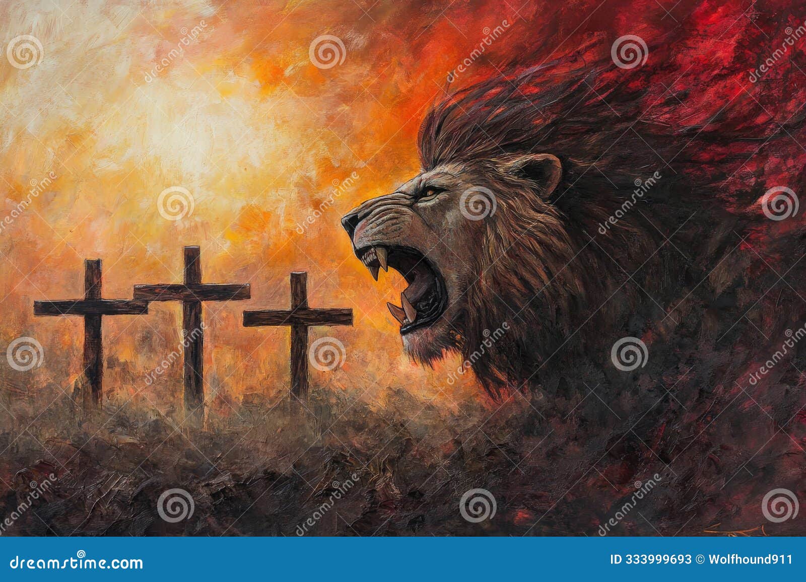 a lion of judah roars triumphantly as three wooden crosses stand in the background, bathed in the