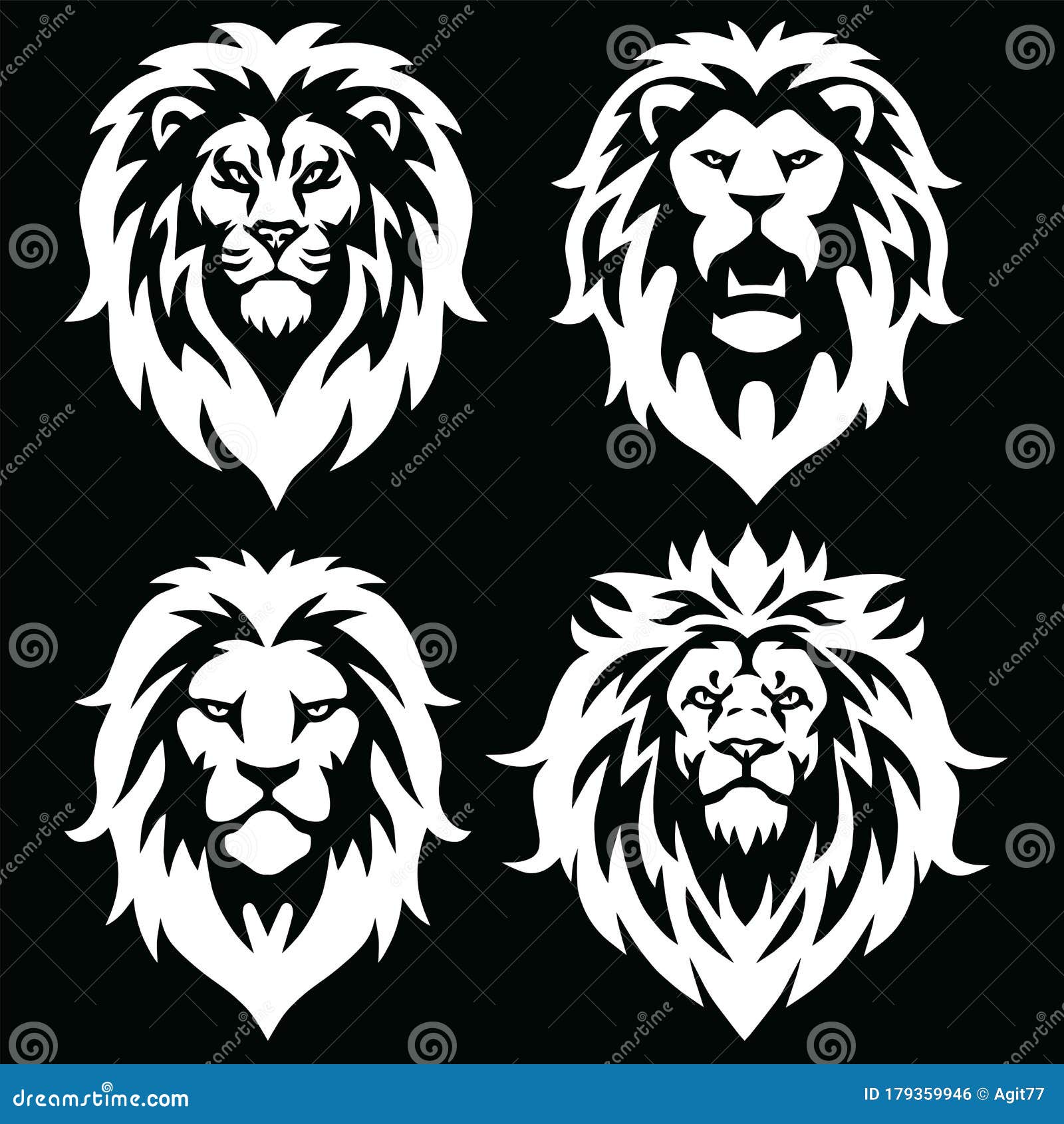 Lion Logo Mascot Set Icon Black And White Collection Pack Premium