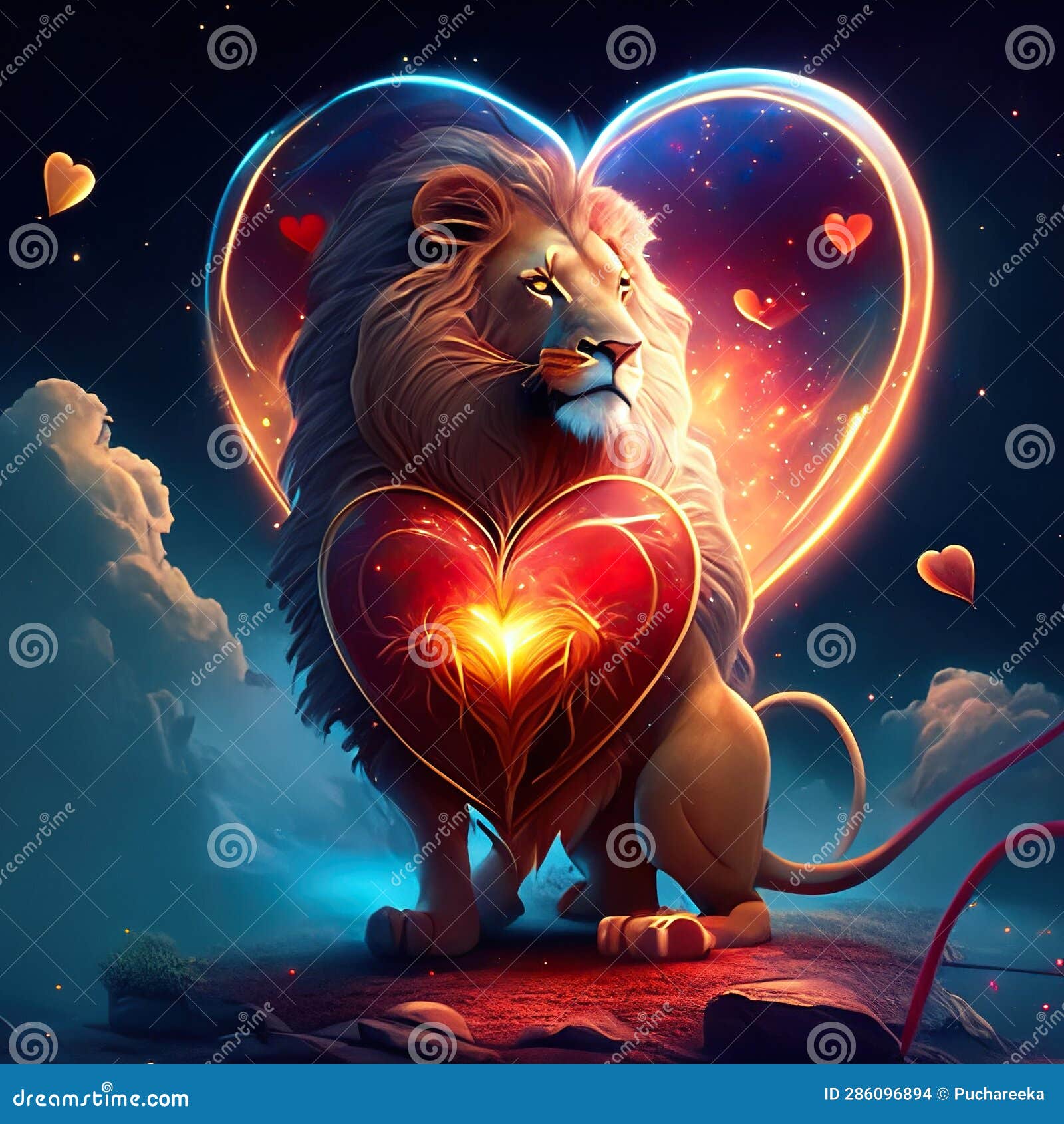 Lion Hugging Heart Lion in Love. Valentine S Day Card. 3D Rendering ...