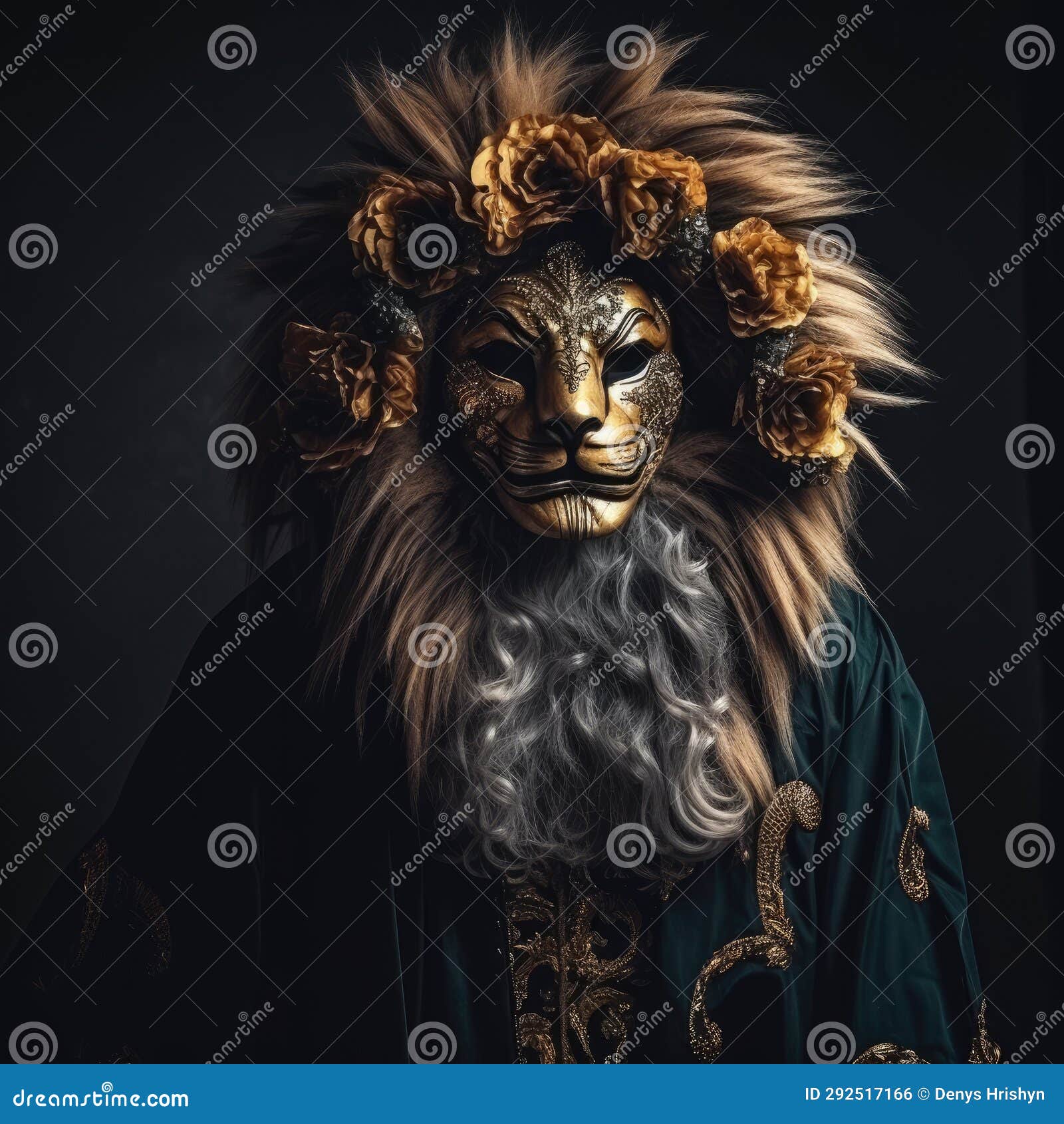 with the lion mask adorning his face, the trickster in the portrait appears both regal and unpredictable