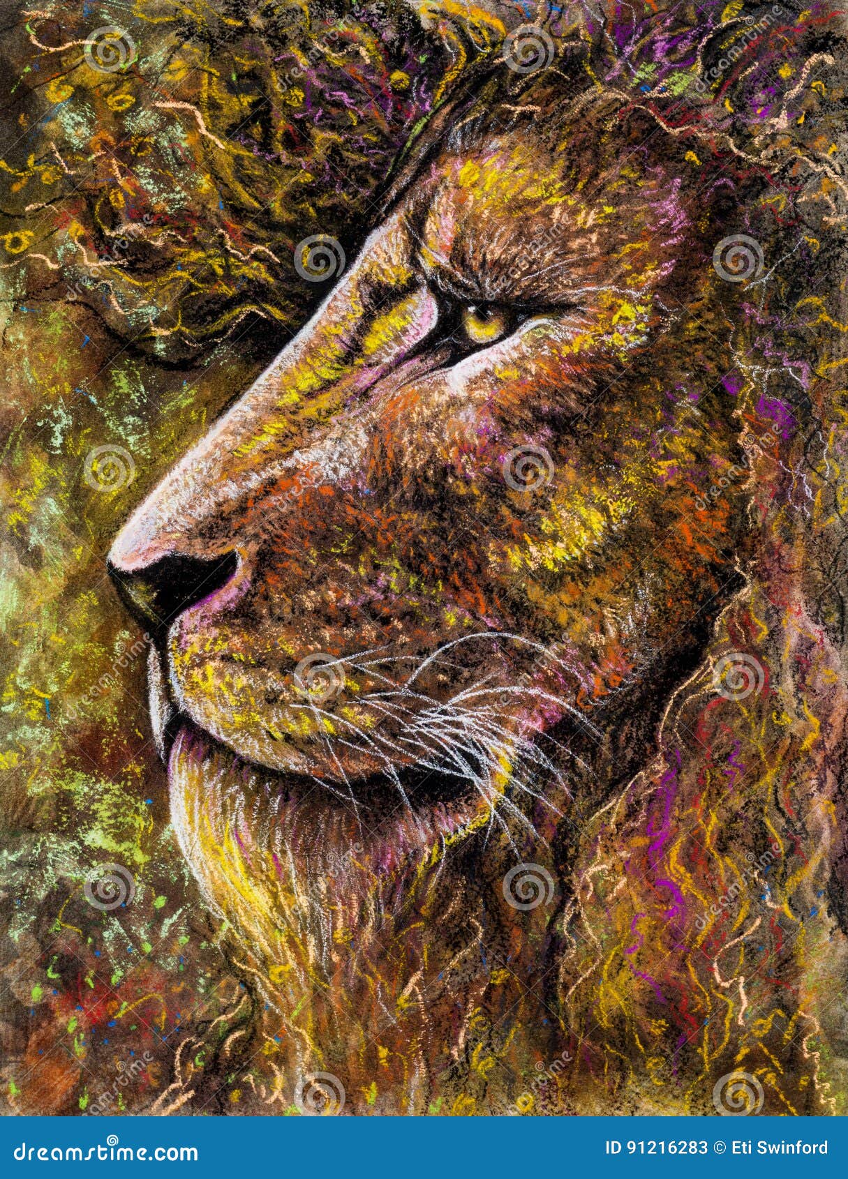 lion portrait in charcoal and pastel
