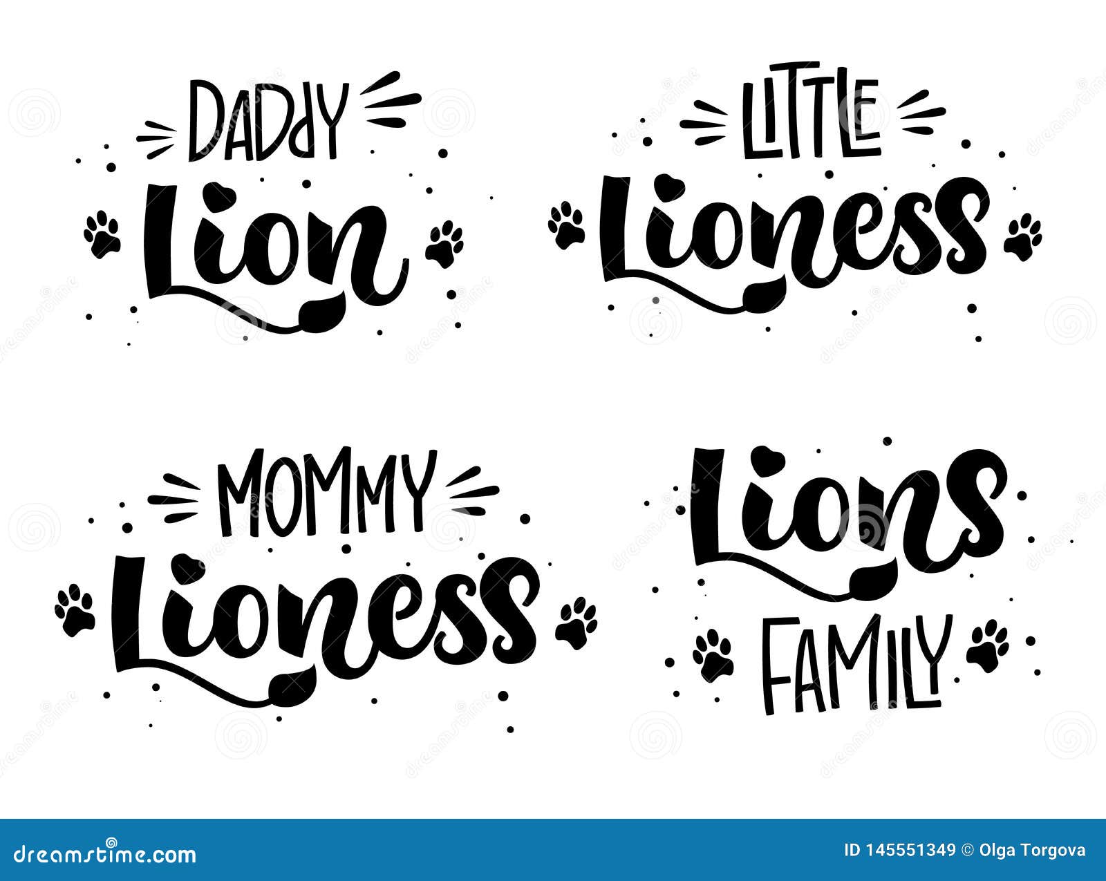Little Lion hand draw calligraphy script lettering whith dots, splashes and tiger's footprints decore. Stock Vector