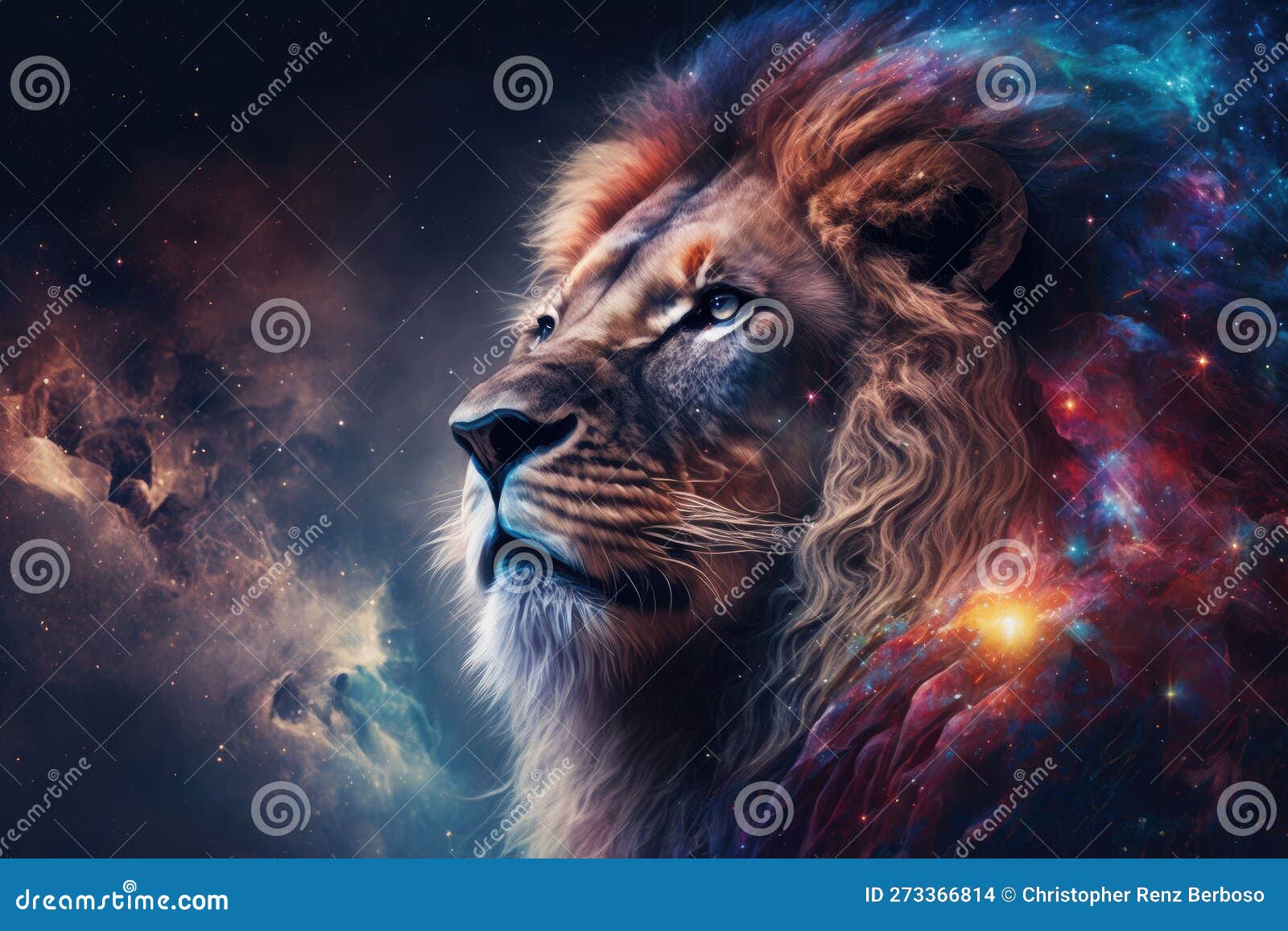 Lion on Space Nebula Background Wallpaper Generative AI Stock
