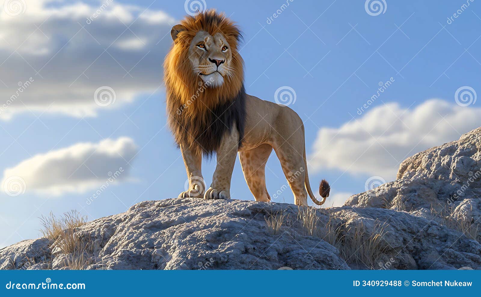 lion standing proudly on a rock, clear blue sky backdrop