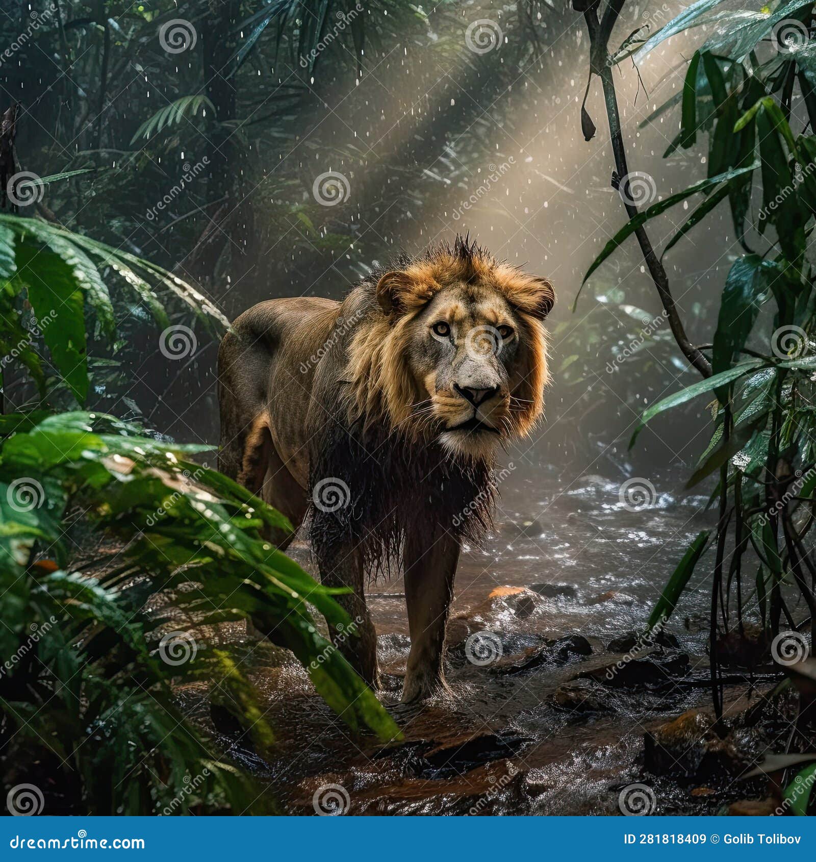 A Lion Standing in the Rain in a Jungle Stock Image Image of safari