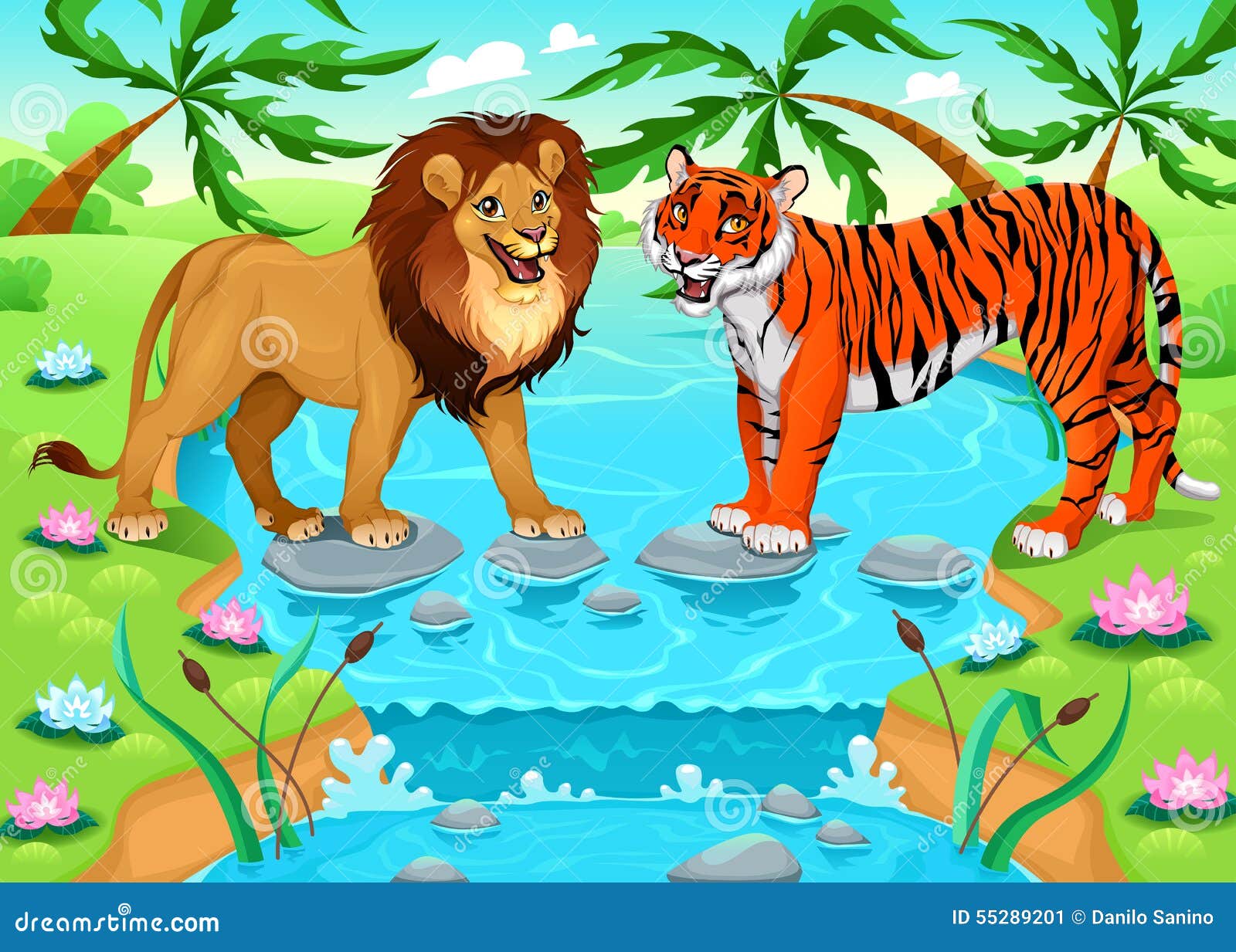 Lion and Tiger Together in the Jungle Stock Vector - Illustration ...