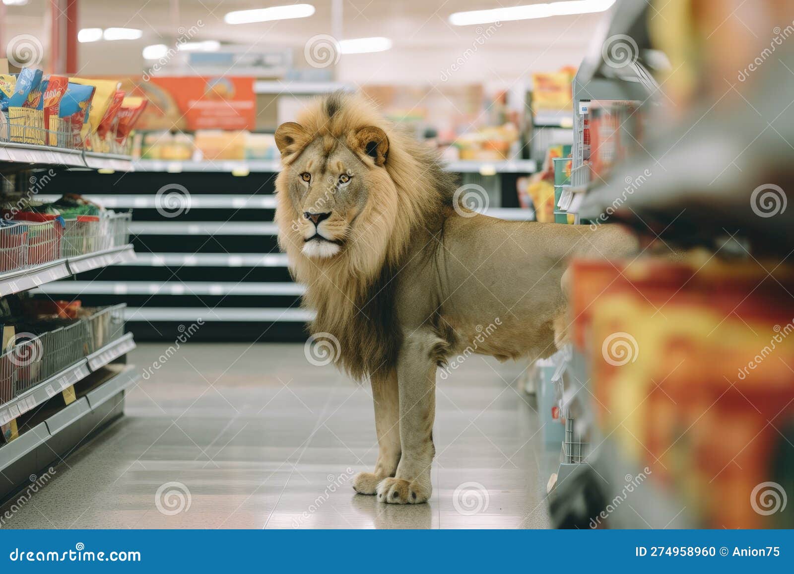 A Lion Walking Down a Grocery Store Aisle, Generative AI Stock