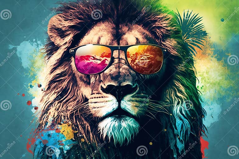 A Lion Wearing Sunglasses Looks Cool on a Colorful Background. AI Stock ...