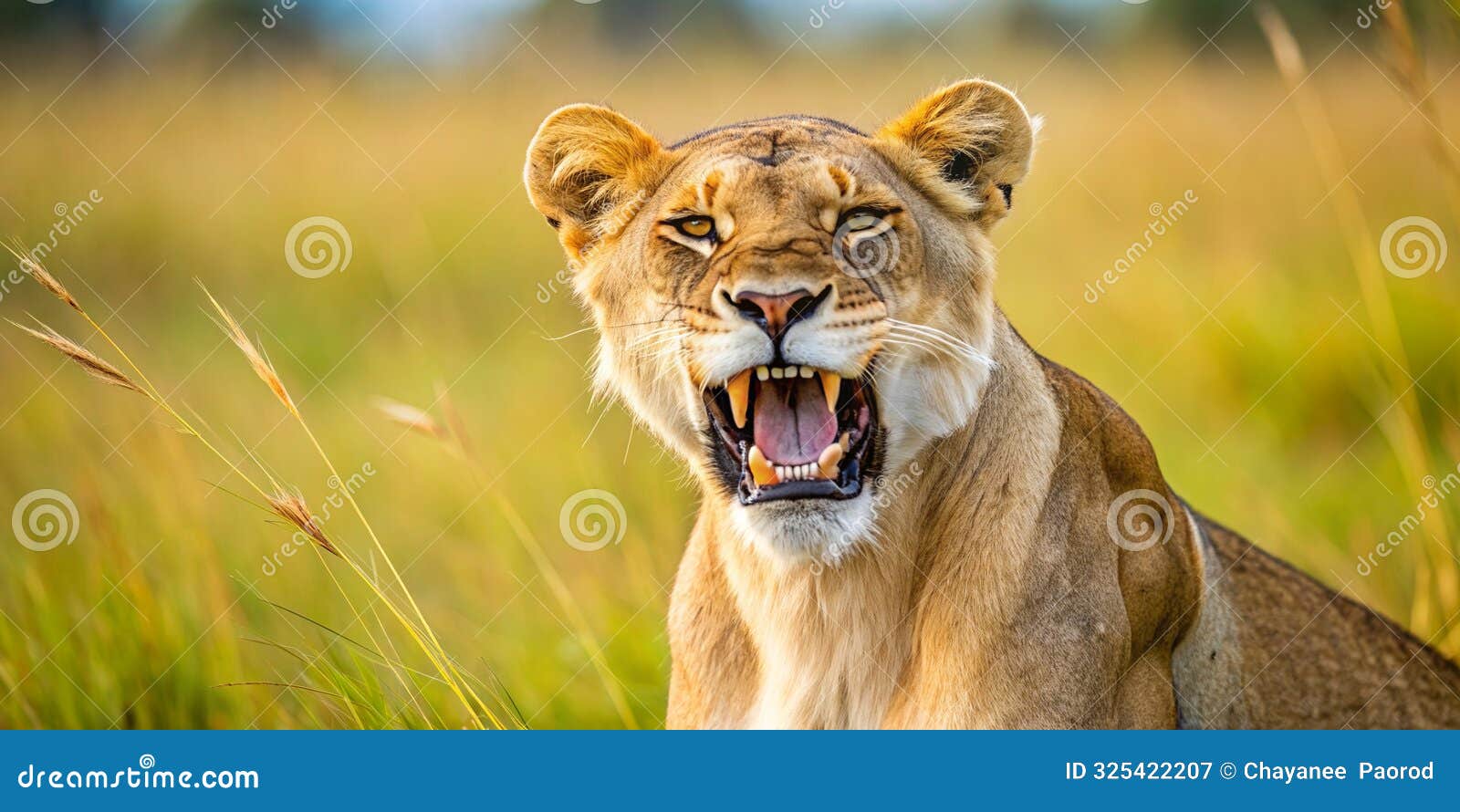 lioness baring teeth aggressively in african savannah during daytime ai generative