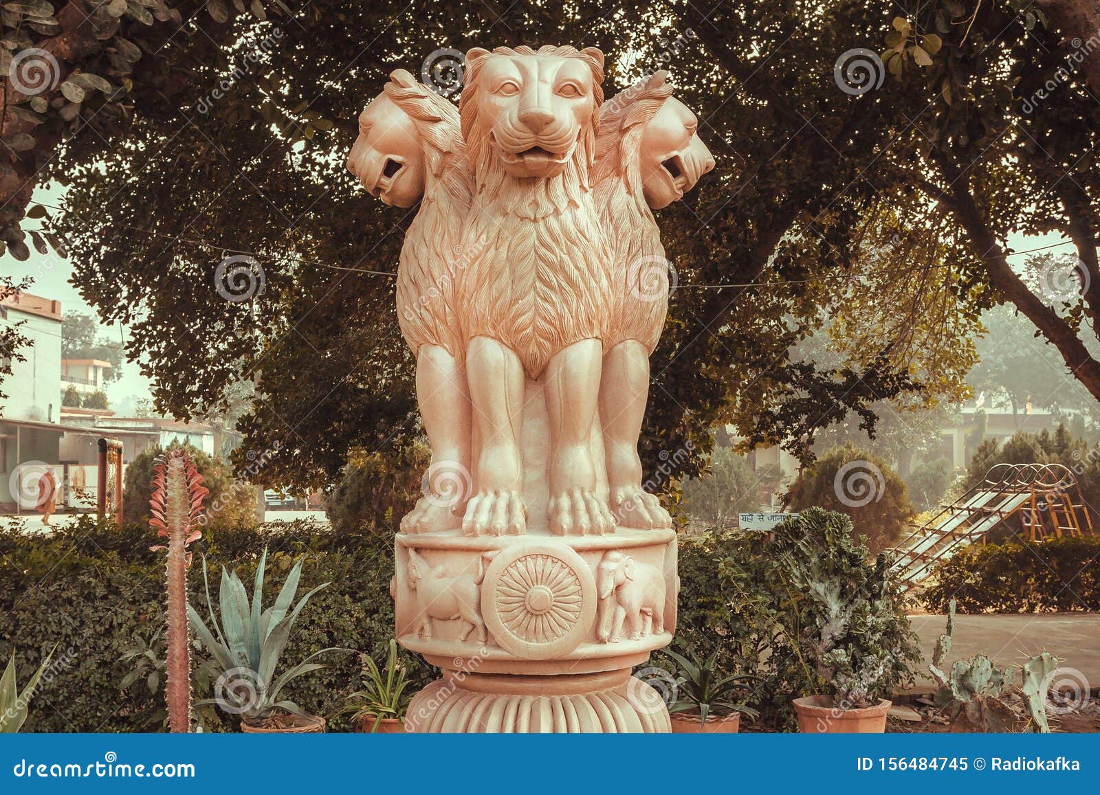 lions on sculptured national emblem of india. copy of the ancient ashoka pillar of sarnath