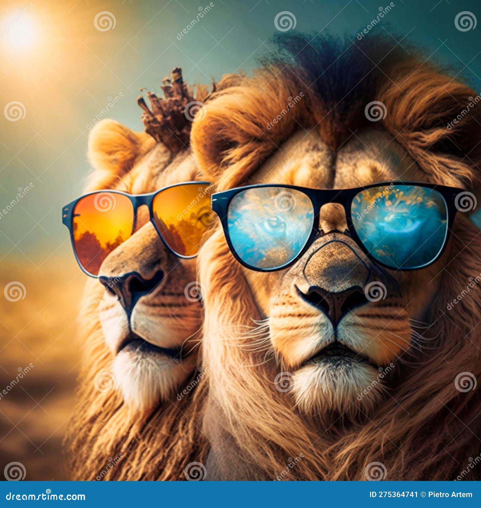 Lions in Sunglasses Taking a Selfie, Generative AI Stock Illustration ...