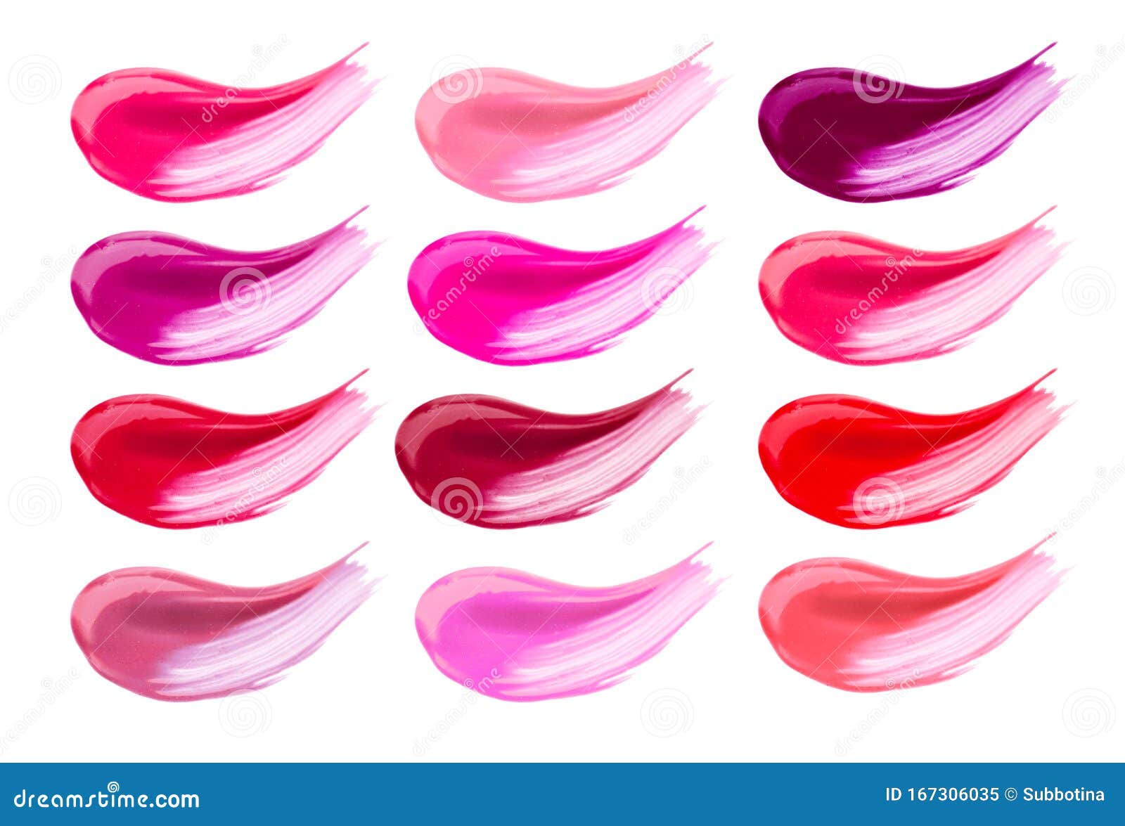 lip gloss face make-up samples palette. set of colorful cosmetic liquid lipgloss in different colour smudge smear strokes