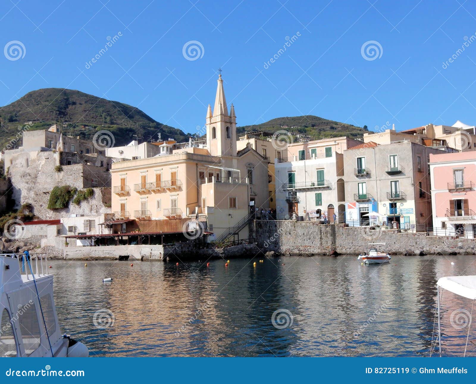 lipari, aeolian island , view marina corta with church, italy