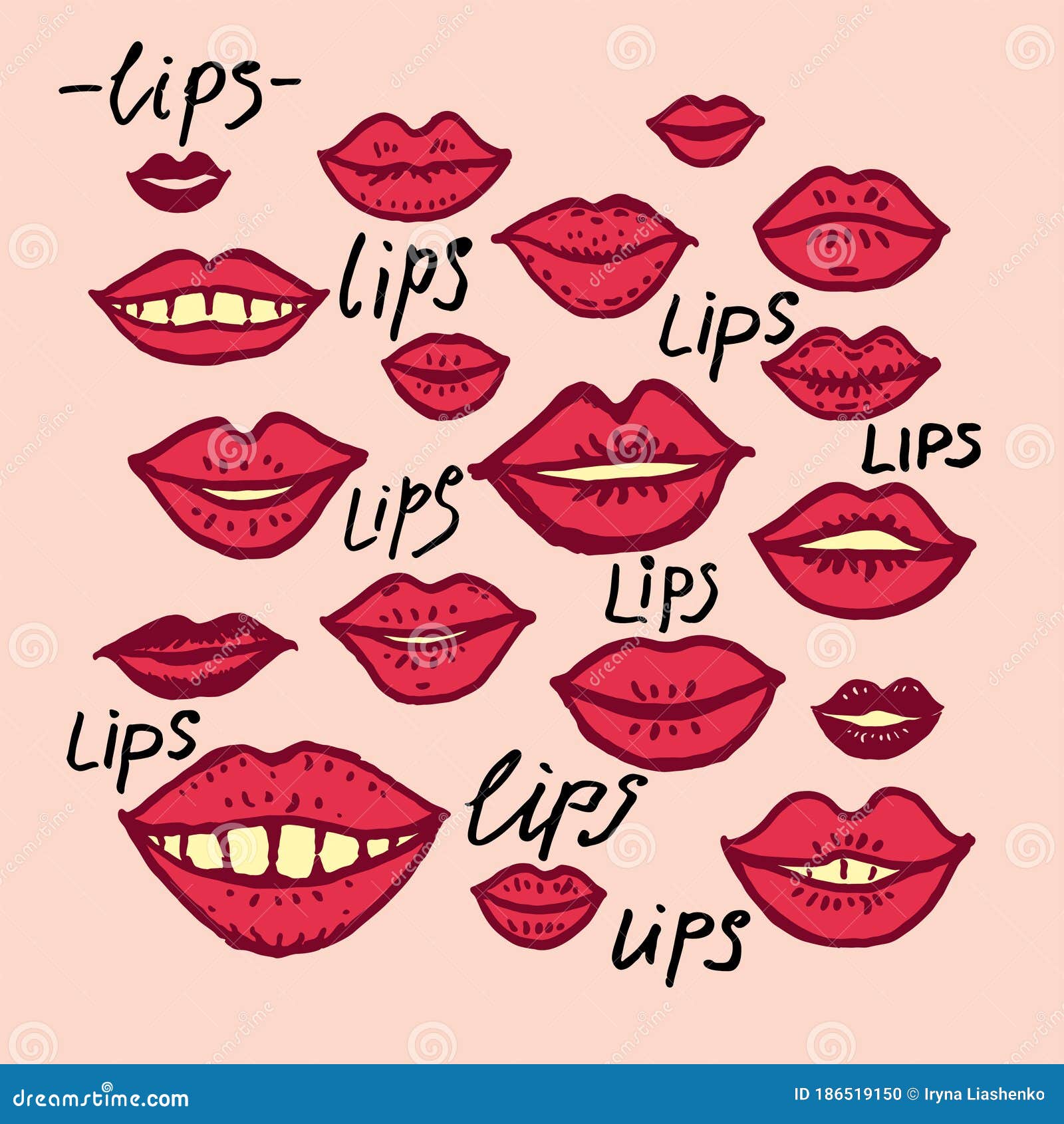 Lips. Bright Red Lips Doodle Illustration of Many Mouths Stock