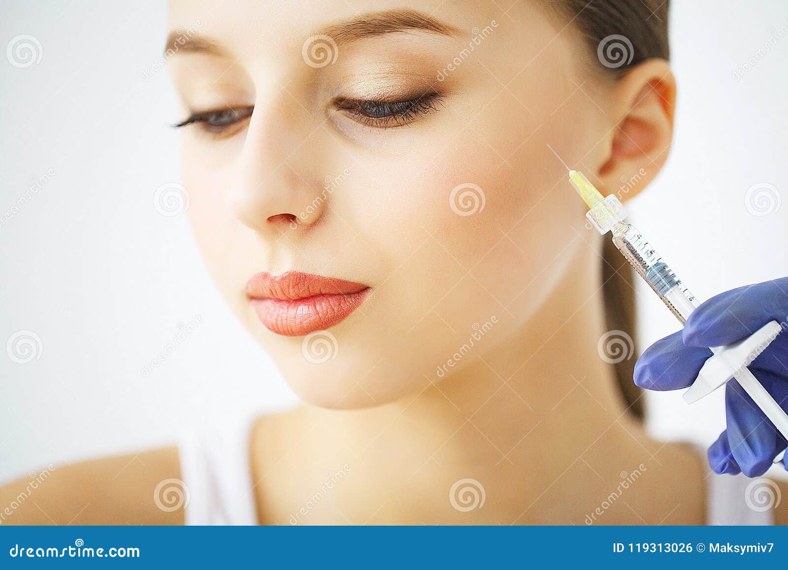 Lips Plastic Surgery Injection on Young Woman Face Stock Photo Image