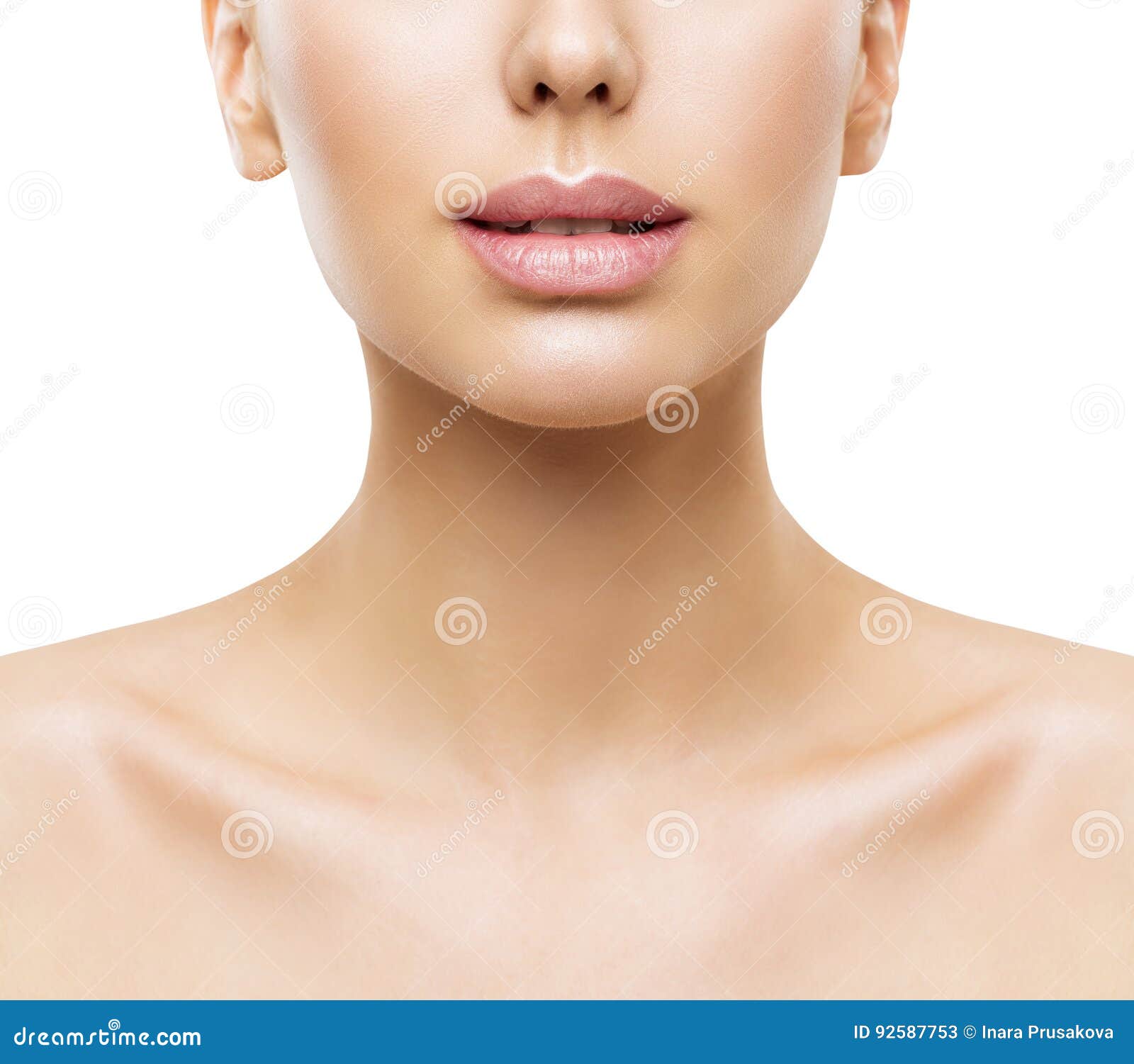 lips, woman face beauty, mouth and neck skin closeup, women skin