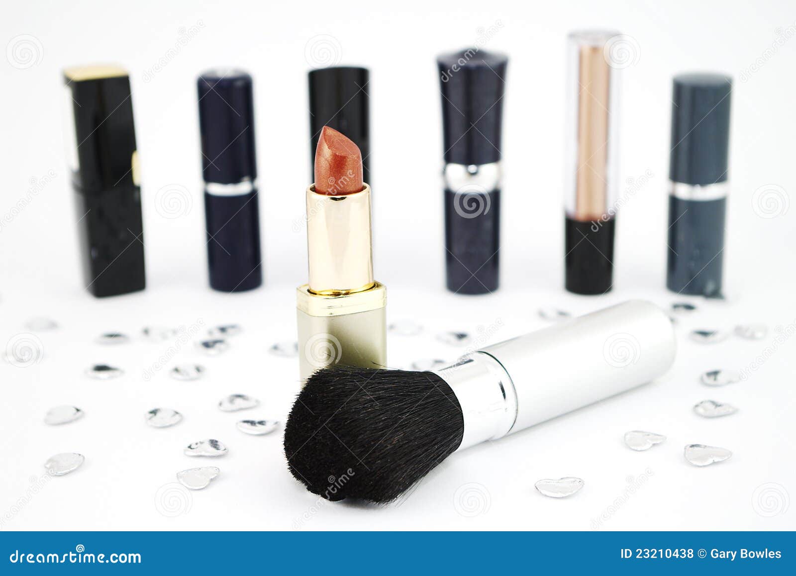 Lipstick and makeup brush stock photo. Image of powder 23210438