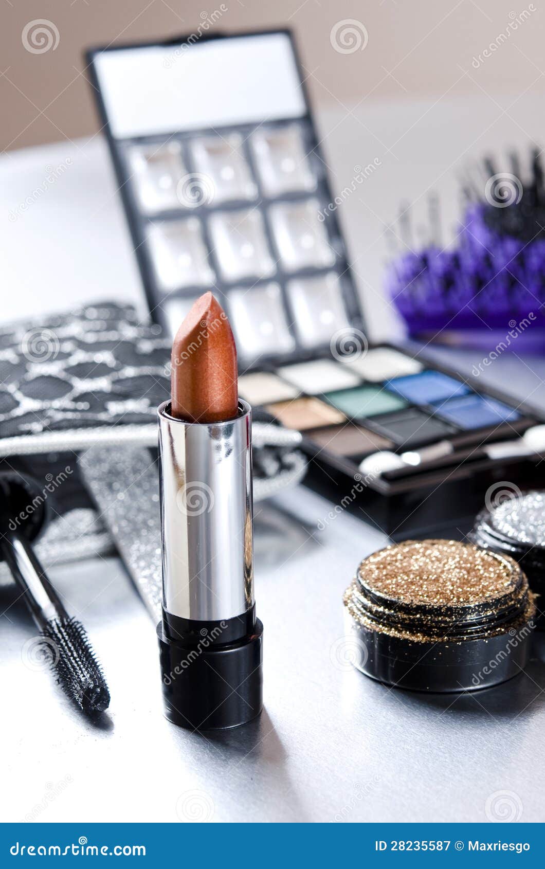 Lipstick and makeup kit. stock image. Image of mirror 28235587